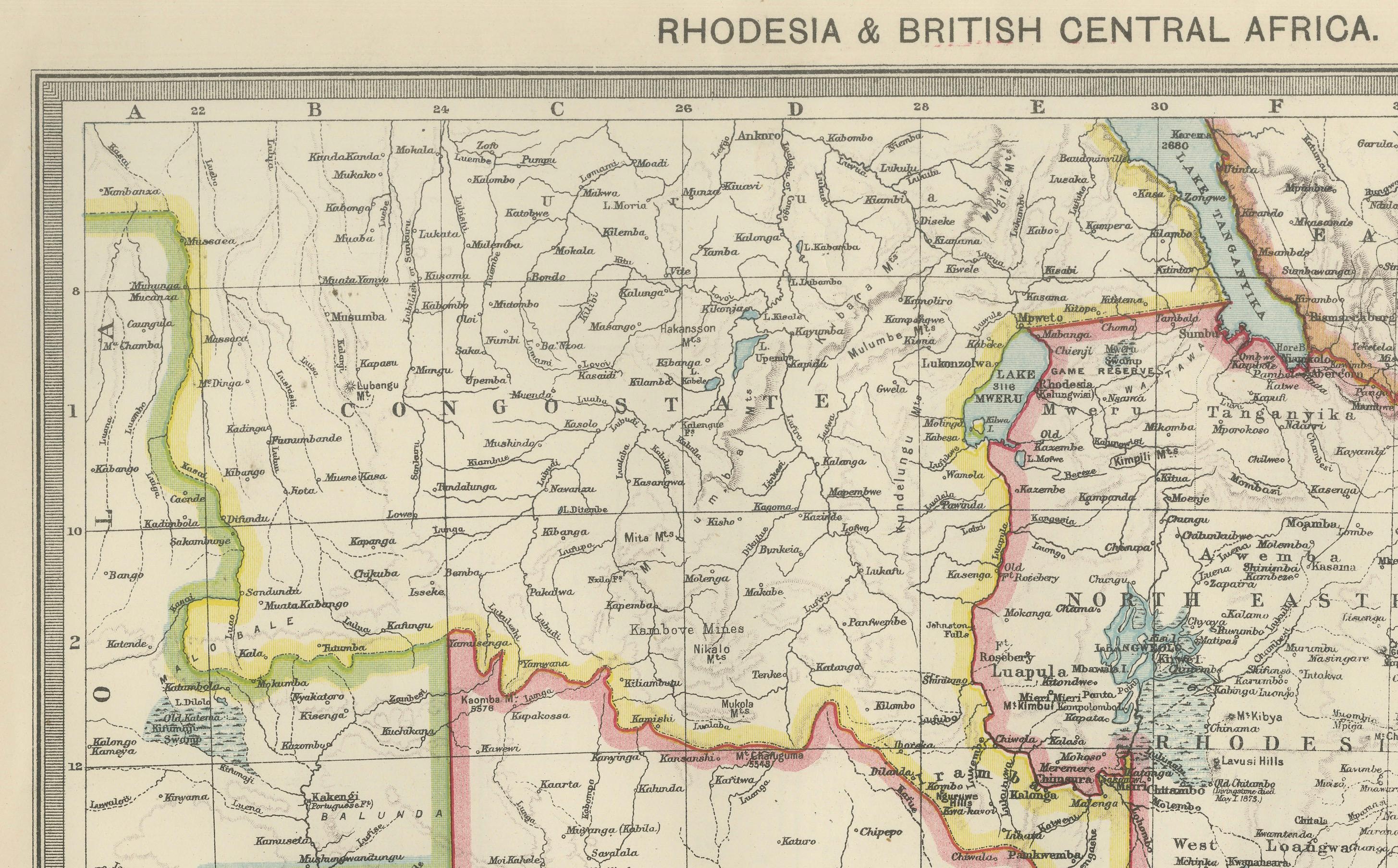 Mappa antica della Rhodesia e dell'Africa Centrale Britannica - Pubblicata da George Philip & Son, 1895

Questa dettagliata mappa antica intitolata 