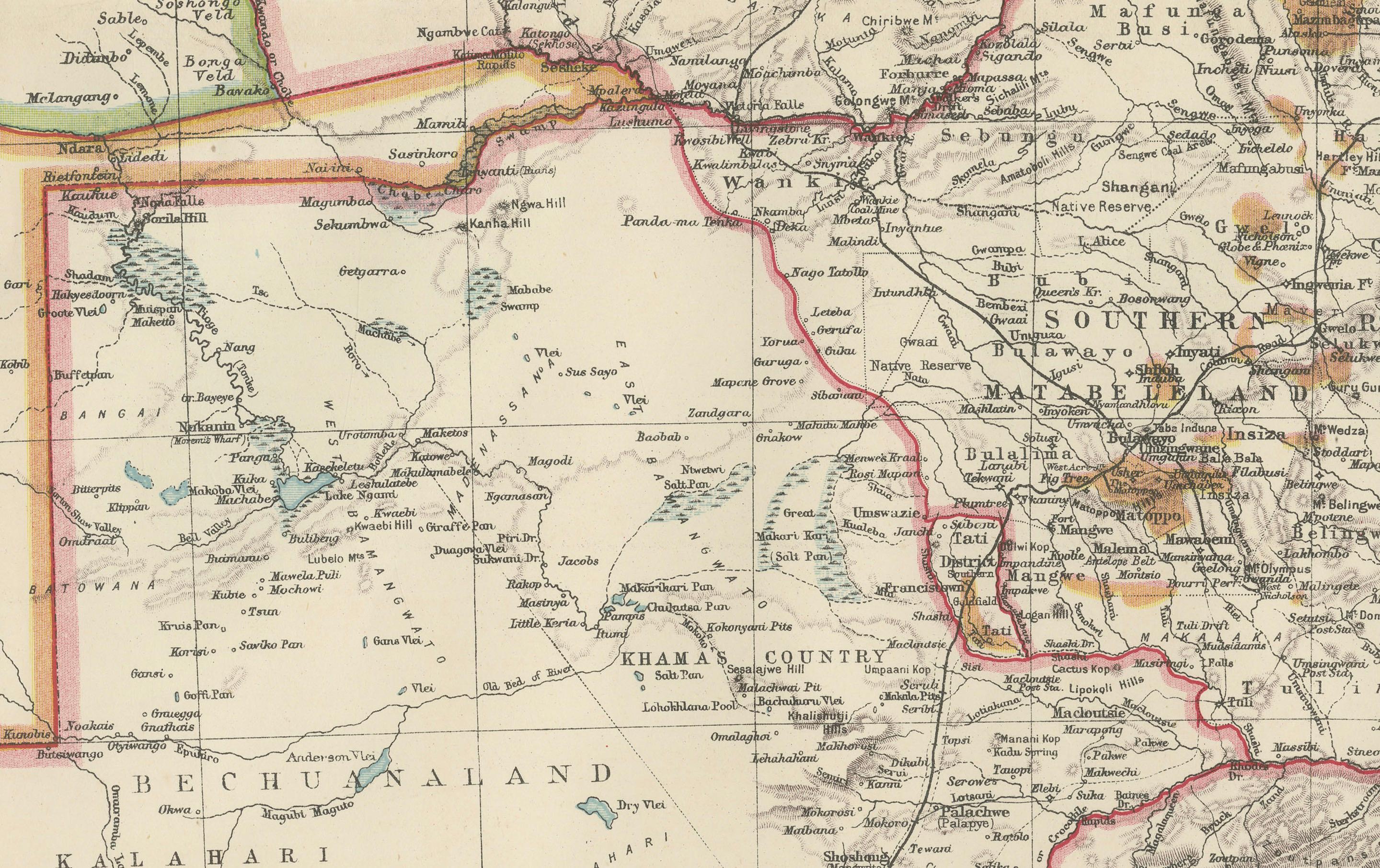 Inciso Mappa antica della Rhodesia e dell'Africa Centrale Britannica - Pubblicata da Philips, 1895 in vendita
