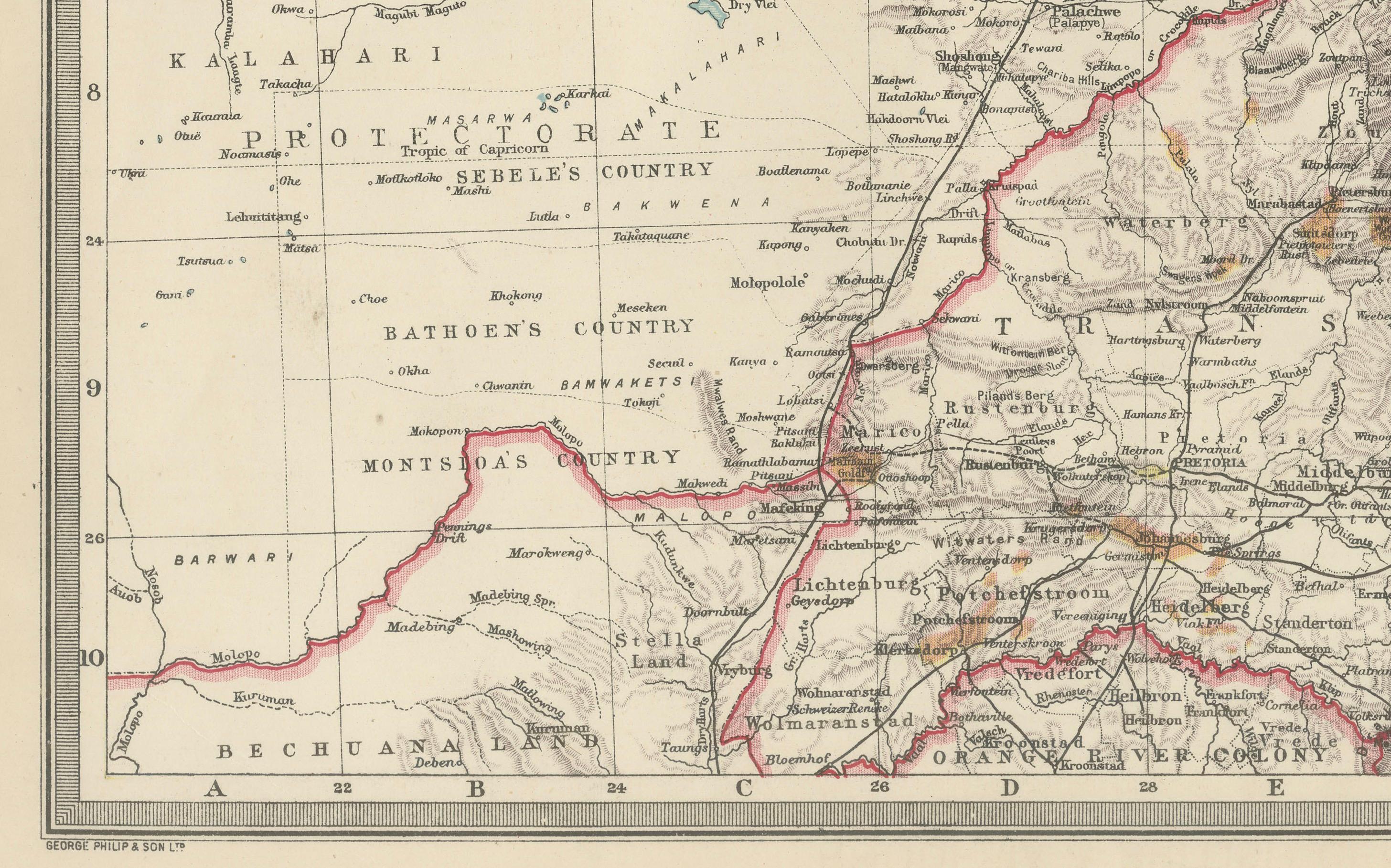 Mappa antica della Rhodesia e dell'Africa Centrale Britannica - Pubblicata da Philips, 1895 In condizioni buone in vendita a Langweer, NL