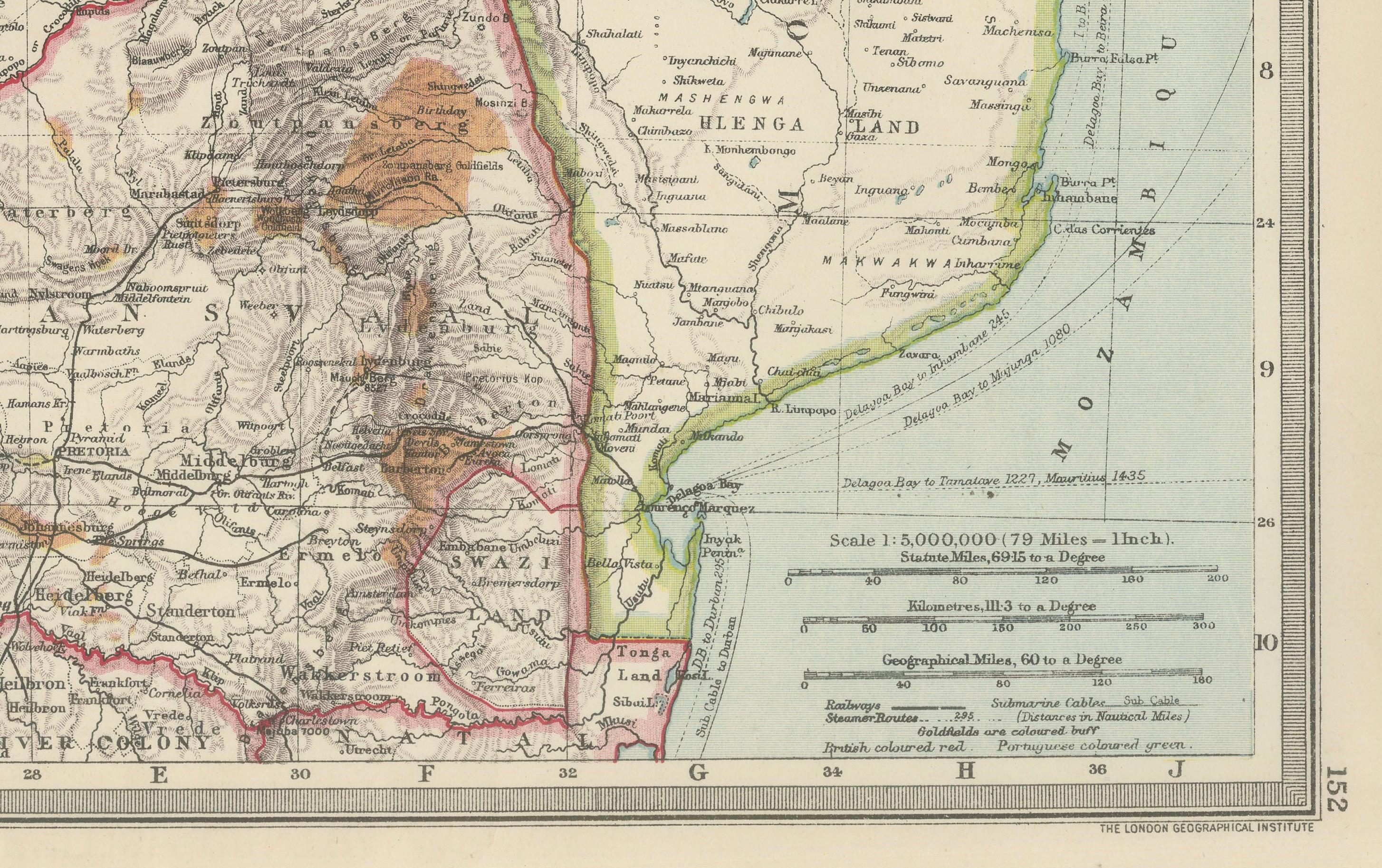 XVII secolo Mappa antica della Rhodesia e dell'Africa Centrale Britannica - Pubblicata da Philips, 1895 in vendita