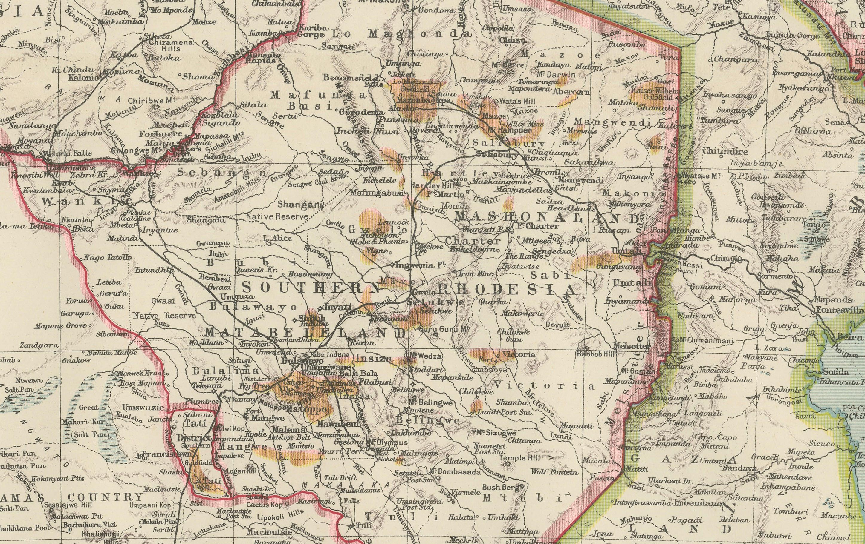 Carta Mappa antica della Rhodesia e dell'Africa Centrale Britannica - Pubblicata da Philips, 1895 in vendita