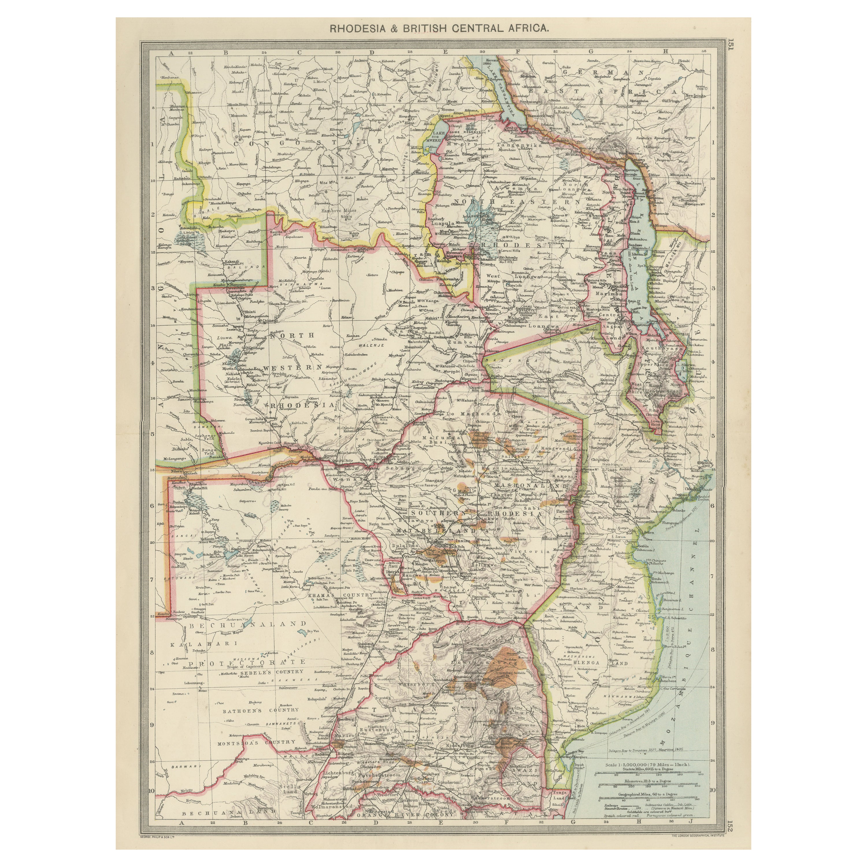 Mappa antica della Rhodesia e dell'Africa Centrale Britannica - Pubblicata da Philips, 1895 in vendita