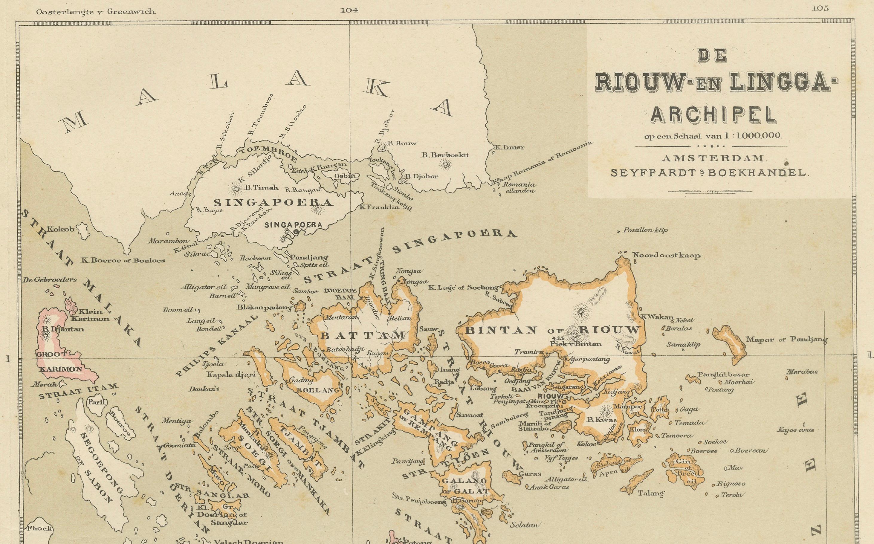 Antique Map of Riouw, Lingga Archipelago, Singapore, Dornseiffen - 1884

This finely detailed antique map depicts the Riouw–Lingga Archipelago (Riau–Lingga), including Batam, Bintan, Lingga, Singkep, and the surrounding island groups lying between
