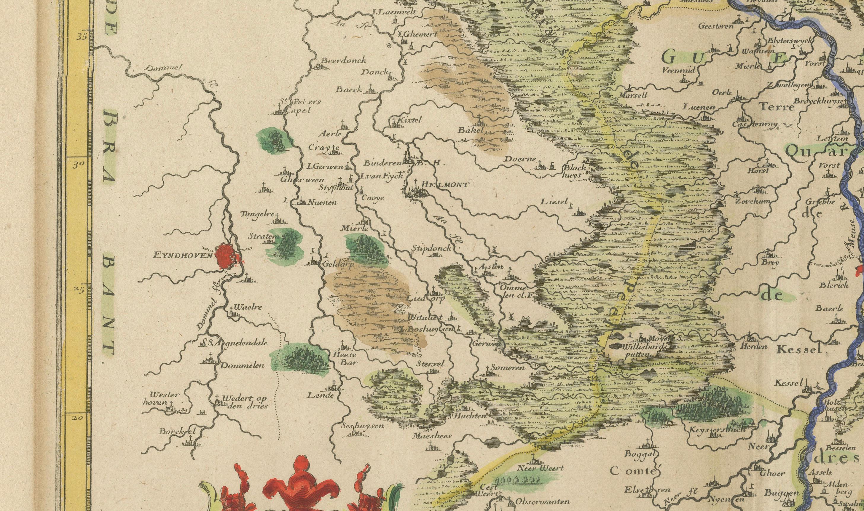 Antike Karte von Roermond und dem Herzogtum Geldern mit reichem Detail, um 1667

Diese wunderschöne handkolorierte Karte aus dem 17. Jahrhundert zeigt die Region Roermond und das erweiterte Herzogtum Gelderland, ein historisch bedeutendes Gebiet im