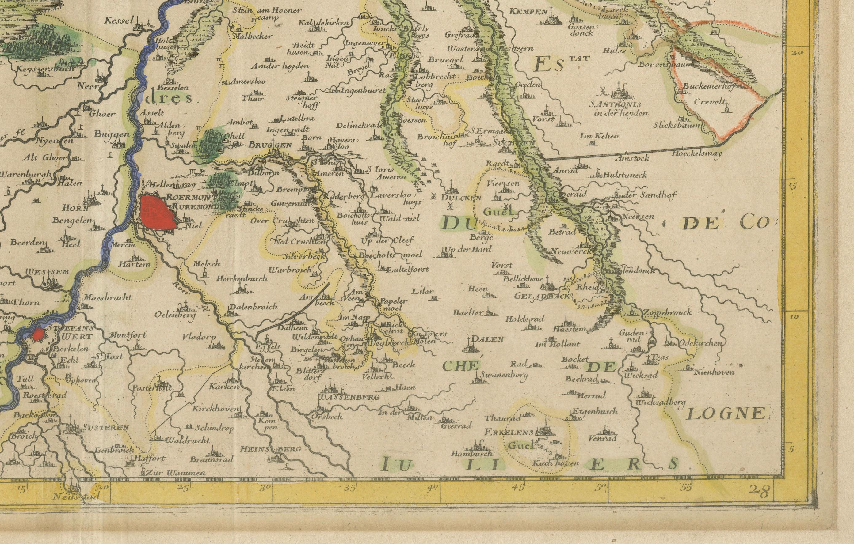 Antike Karte von Roermond und dem Herzogtum Geldern von Sanson - handkoloriert, ca. 1667 im Zustand „Gut“ im Angebot in Langweer, NL