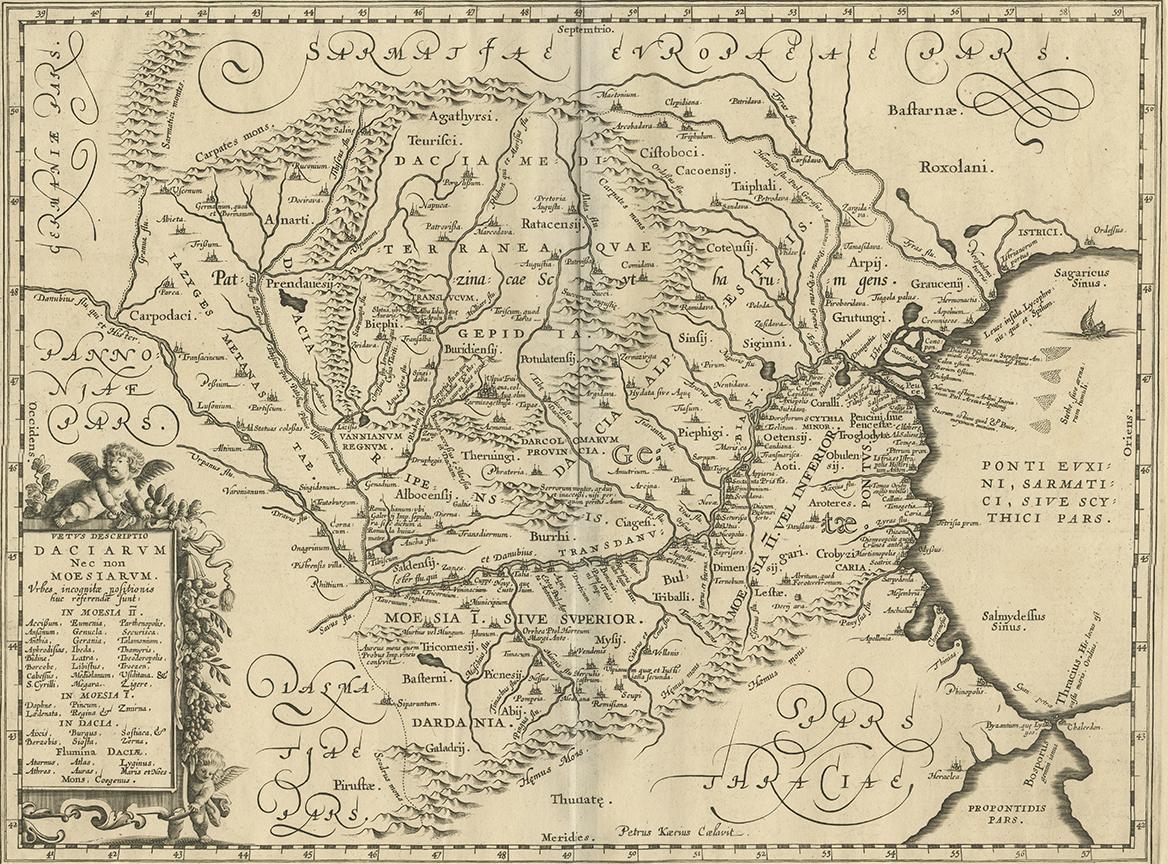 Antique map titled 'Vetus Descriptio Daciarum Nec non Moesiarum (..) Petrus Kaerius Caelavit'. Beautiful example of Jan Jansson's map of Romania. Published circa 1650, Amsterdam.