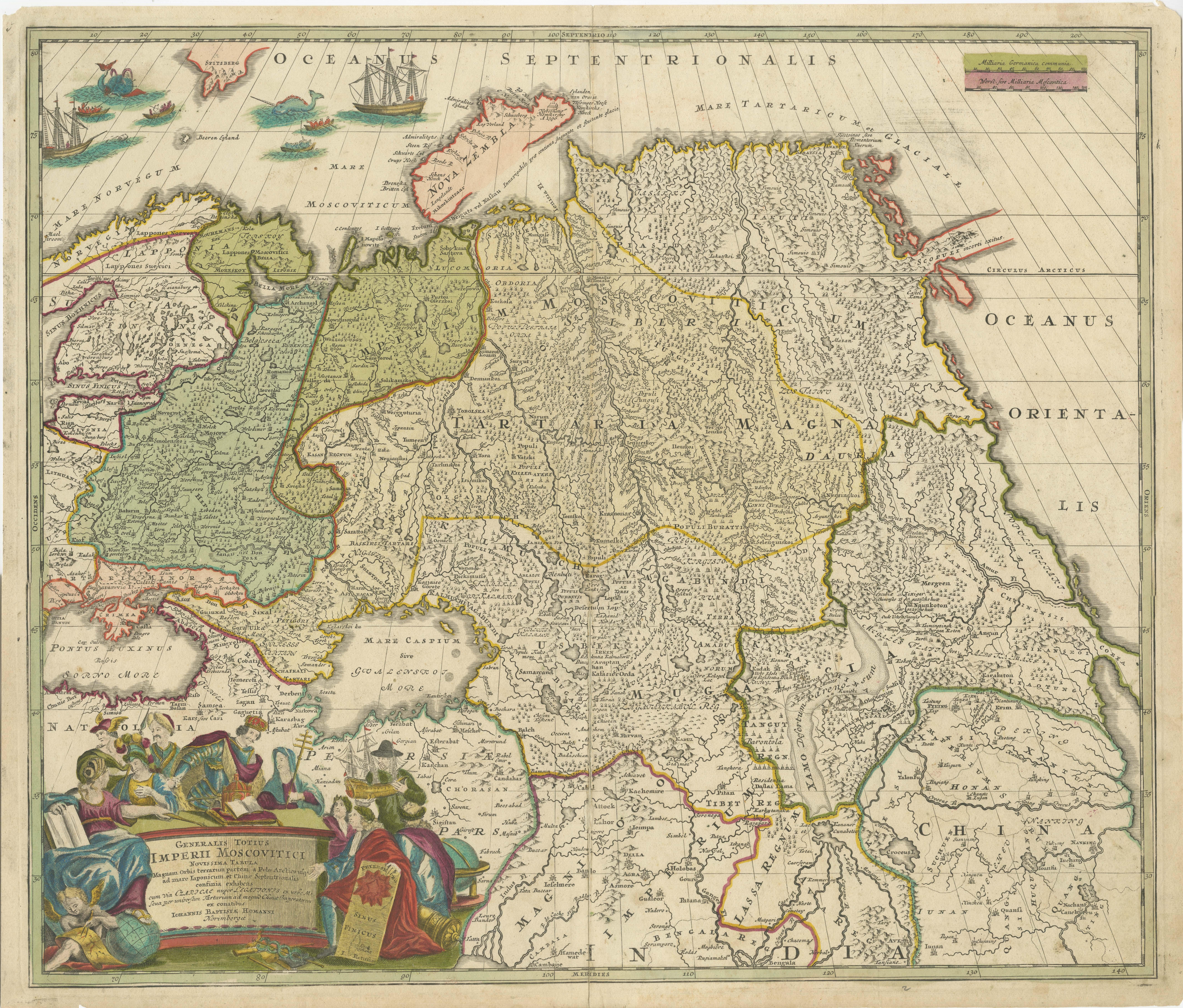 Antique map titled 'Generalis Totius Imperii Moscovitici (..)'. Decorative map of Russia and Central Asia, showing the Northeast Passage. The map covers the entirety of the Russian Empire at the time, stretching from the Arctic Circle in the north
