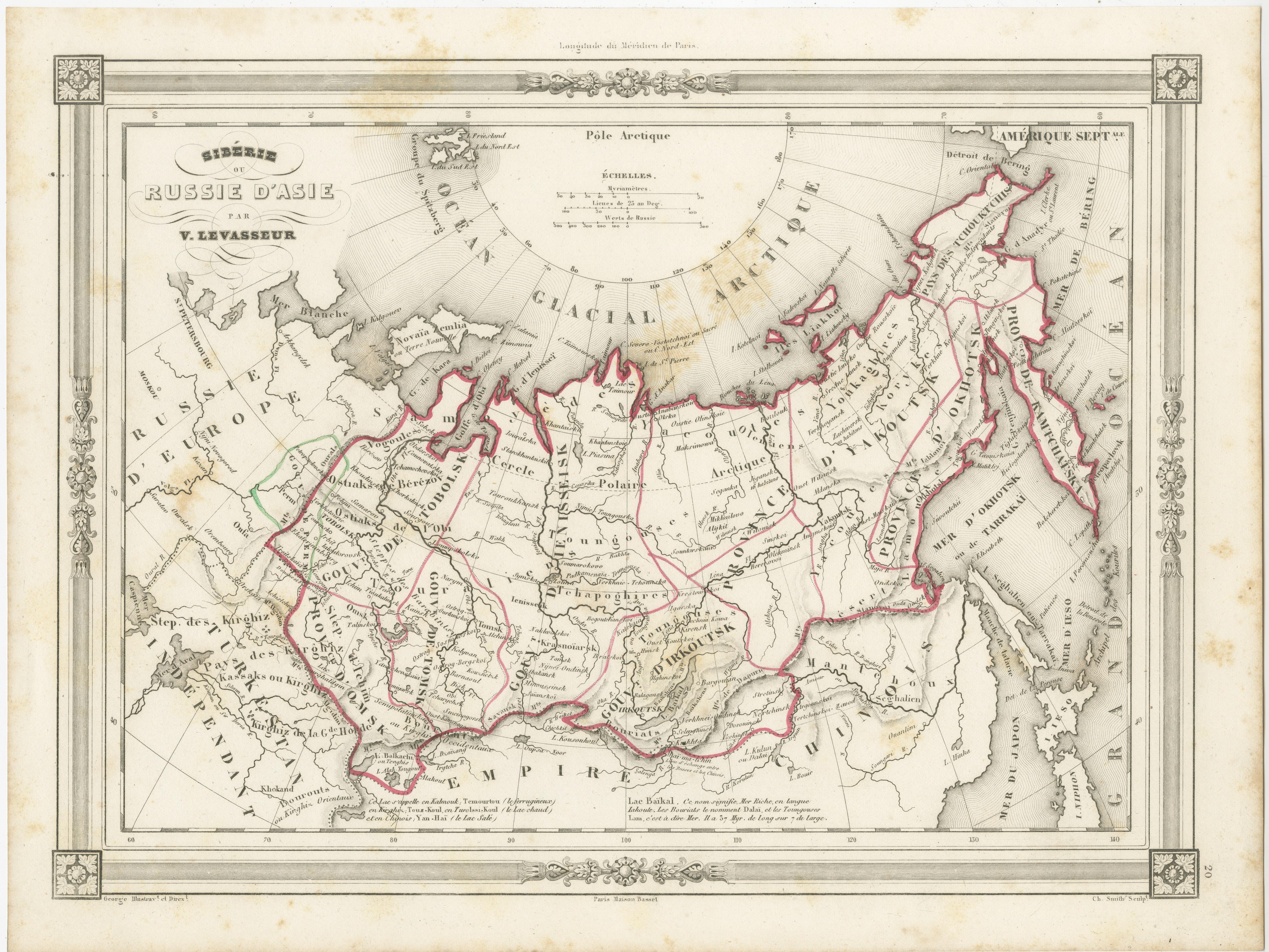 Antique map titled 'Sibérie ou Russie d'Asie'. Attractive map of Russia in Asia and Siberia. This map originates from Maison Basset's 1852 edition of 'Atlas Illustre Destine a l'enseignement de la Geographie elementaire'.