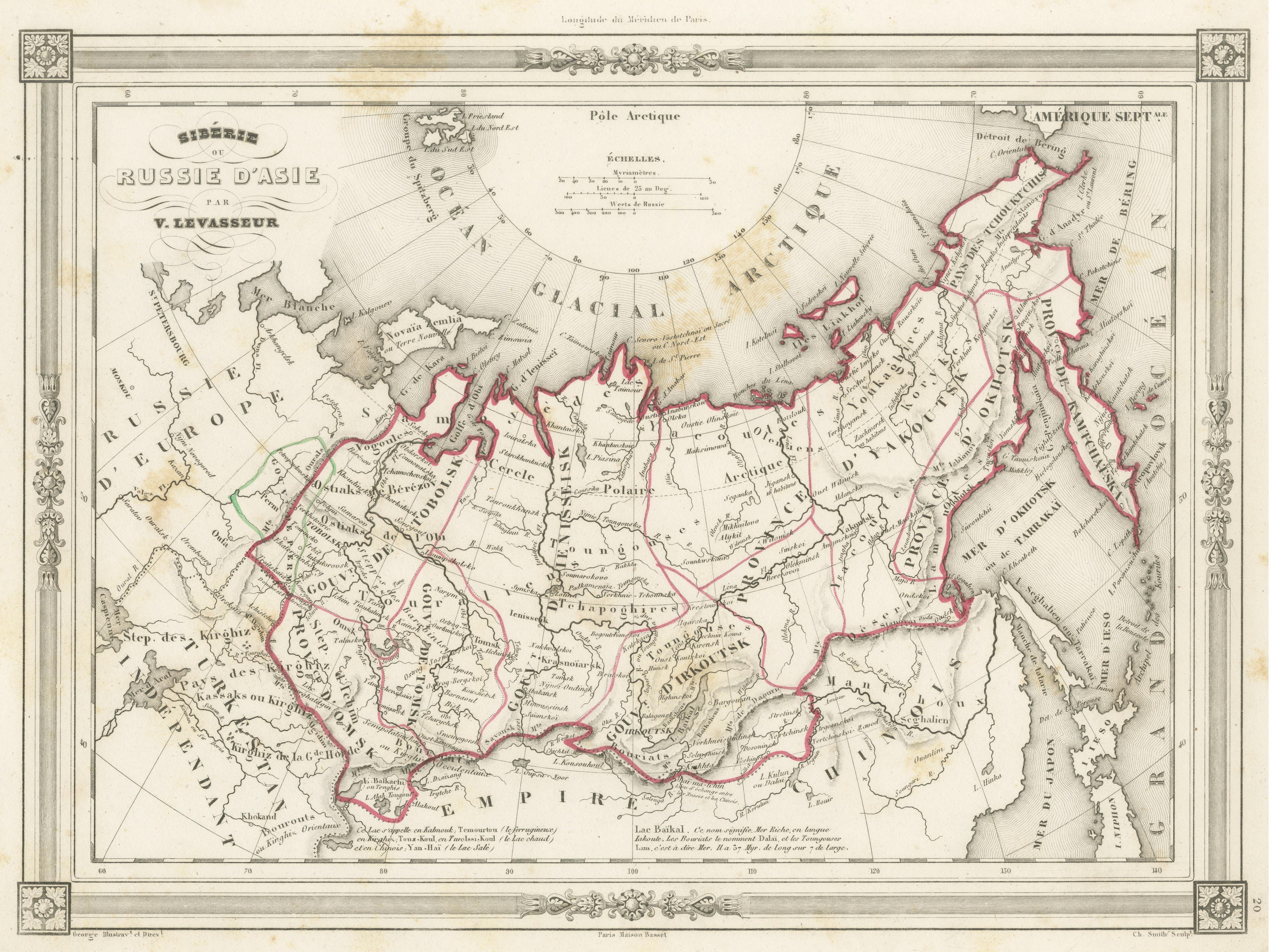 Carte ancienne de la Russie en Asie et de la Sibérie, avec bordure de style cadre État moyen - En vente à Langweer, NL