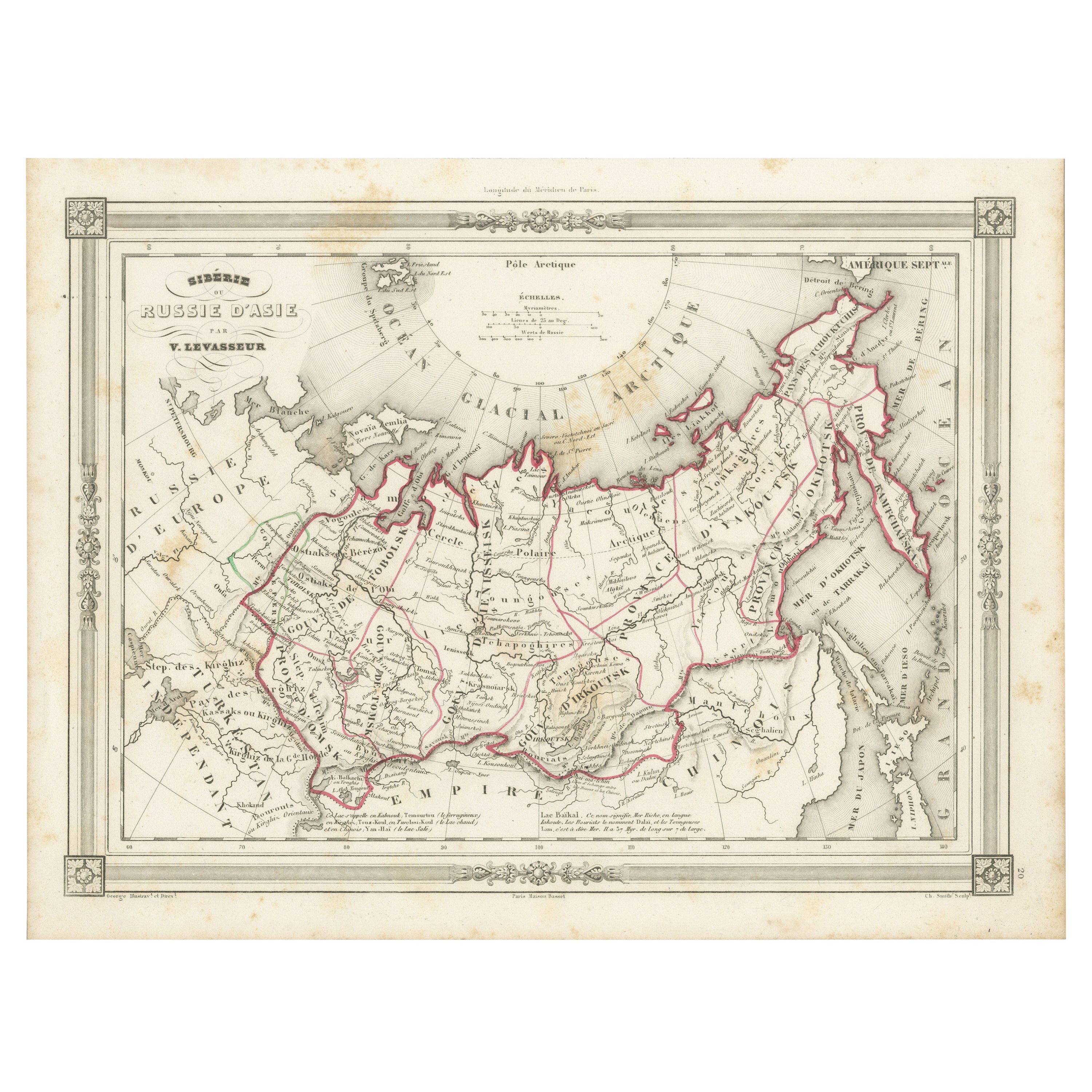 Antique Map of Russia in Asia and Siberia, with Frame Style Border