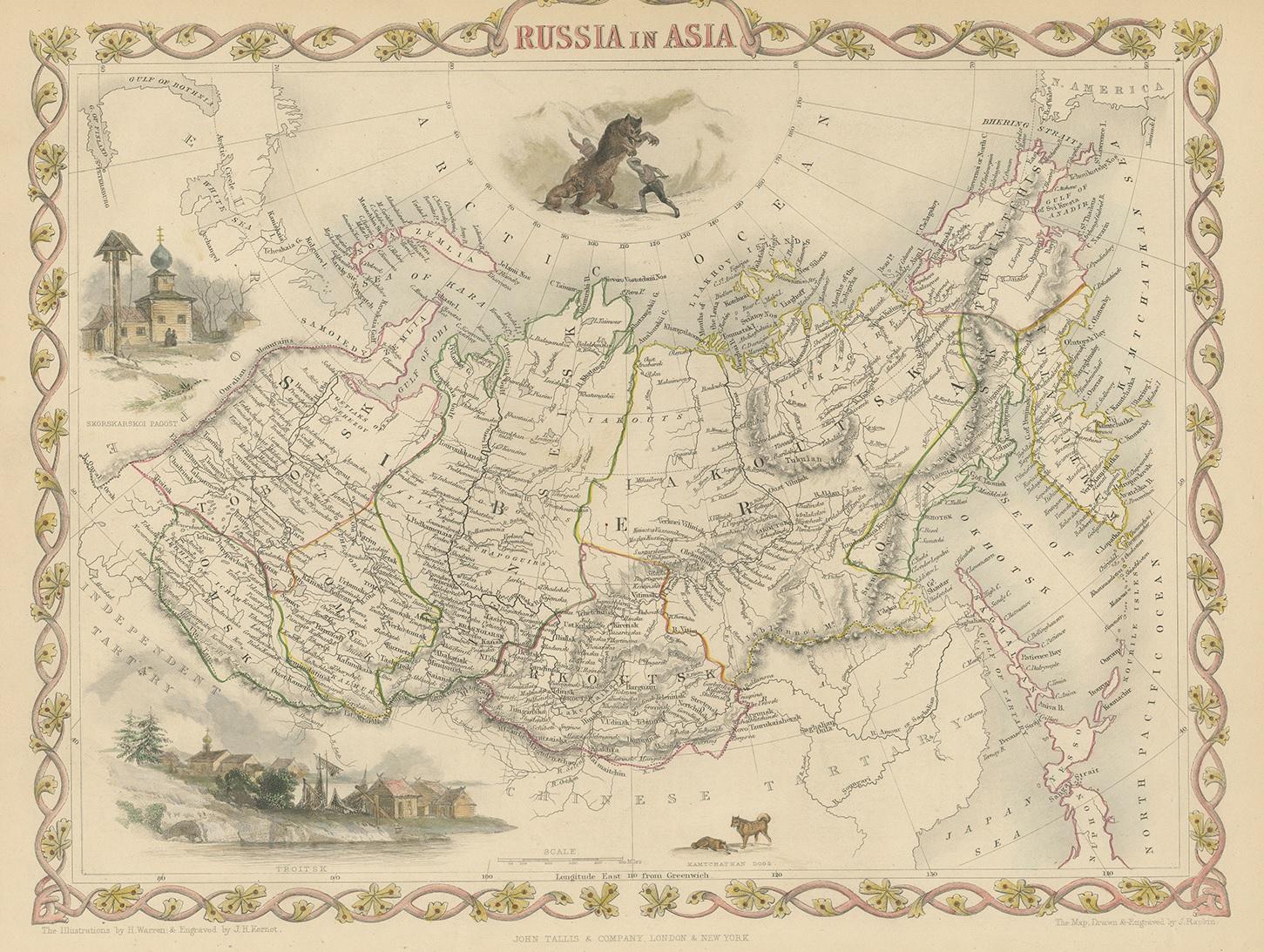 Antique map titled 'Russia in Asia'. Map of Russia in Asia. Showing vignettes of a polar hunting scene, Skorskarskoi Pagost, Troitsk and Kamchatkan Dogs. Originates from 'The Illustrated Atlas, And Modern History Of The World Geographical,