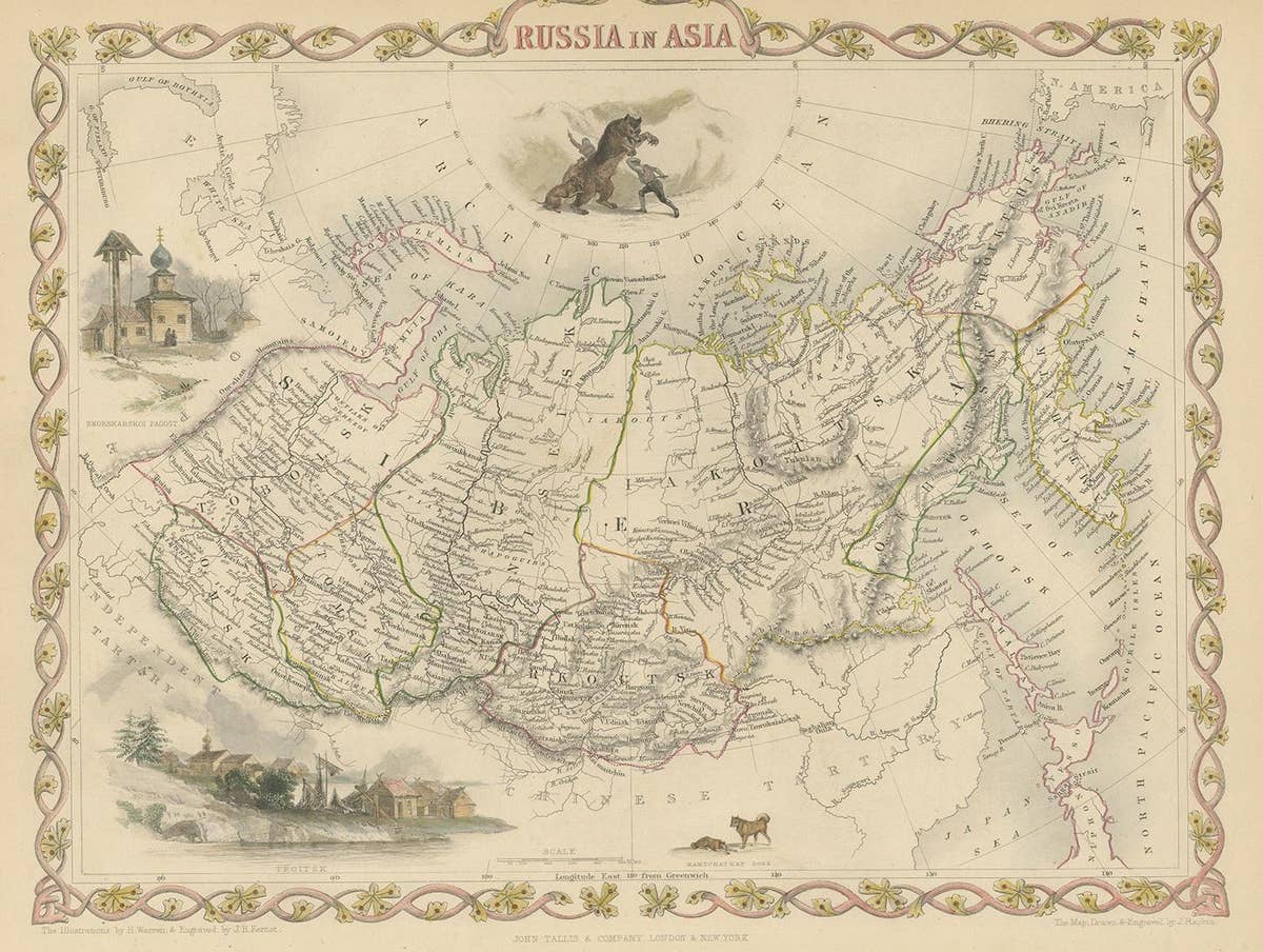 Antique Map of Russia in Asia by Tallis, '1851'