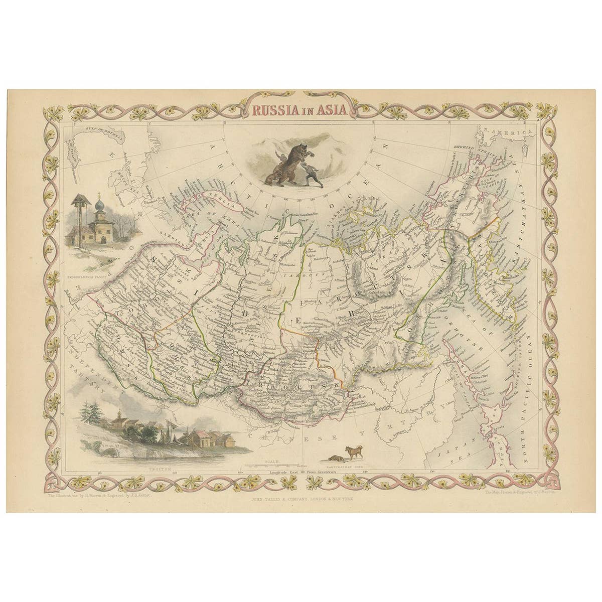 Antique Map of Russia in Asia by Tallis, '1851'