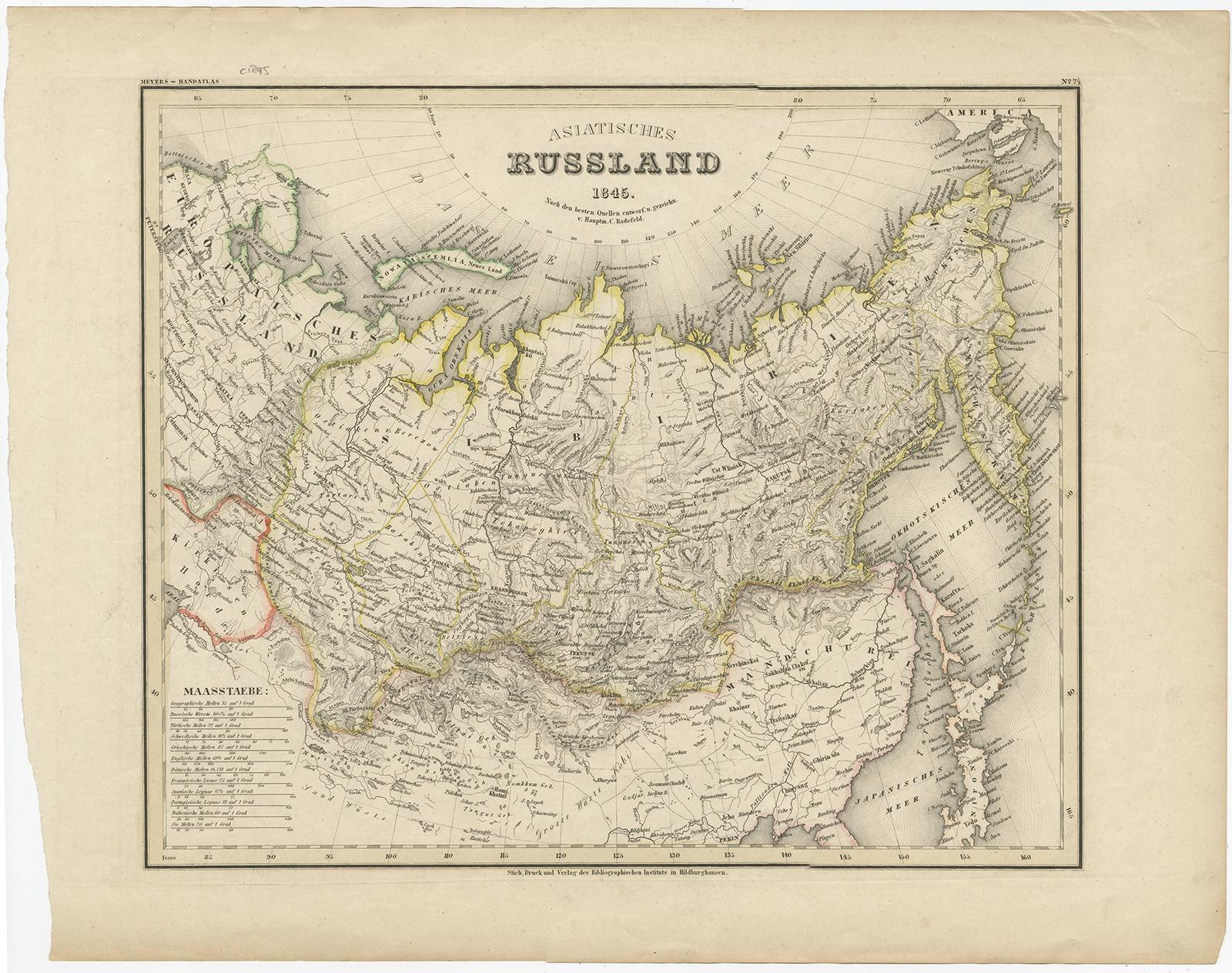 Antique map titled 'Asiatisches Russland'. This map depicts Russia in Asia and originates from 'Meyers Handatlas'. 

Artists and Engravers: Engraved and published by 'Bibliographisch Institut', Hildburghausen.

Condition: Good, general