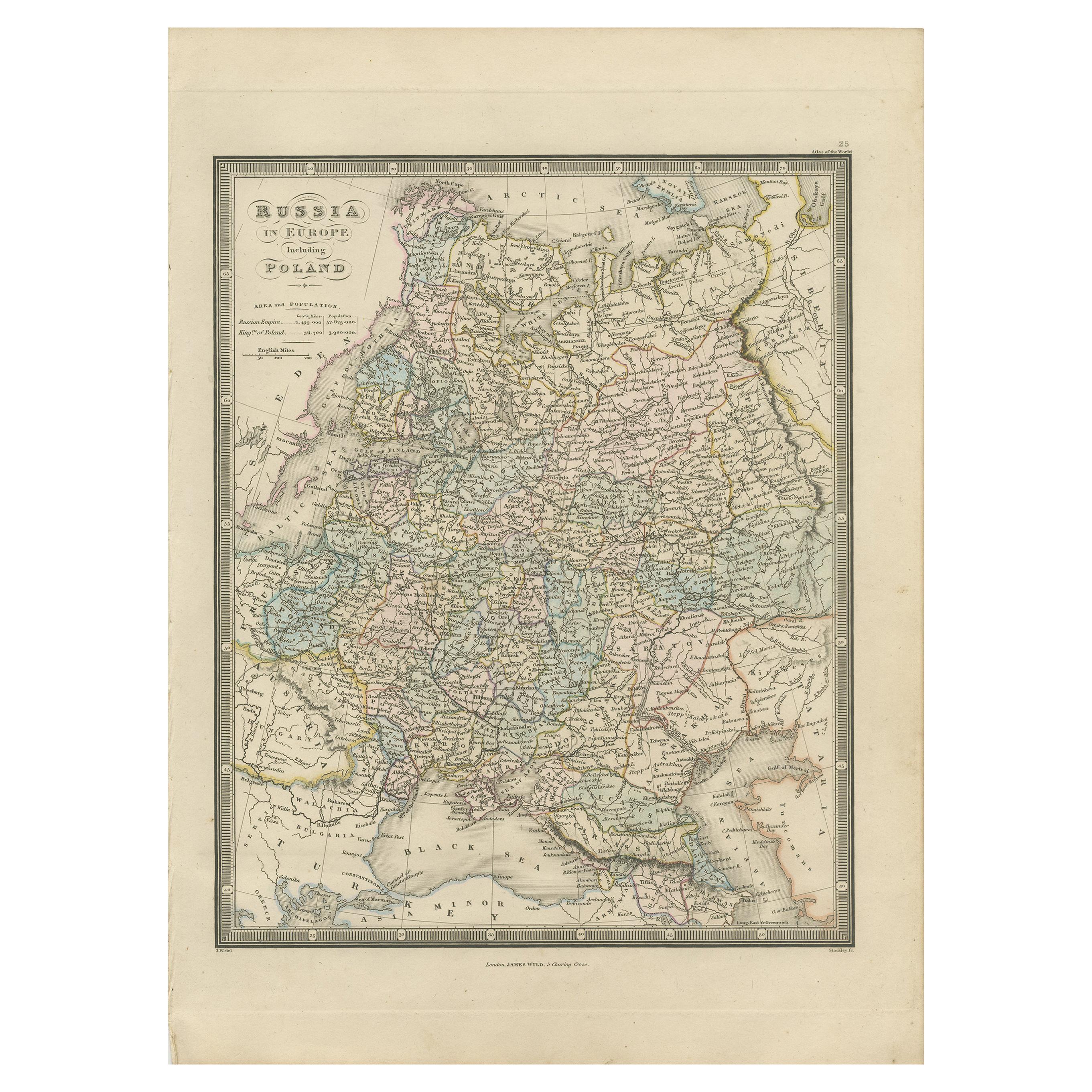 Antique Map of Russia in Europe and Poland by Wyld '1845' For Sale