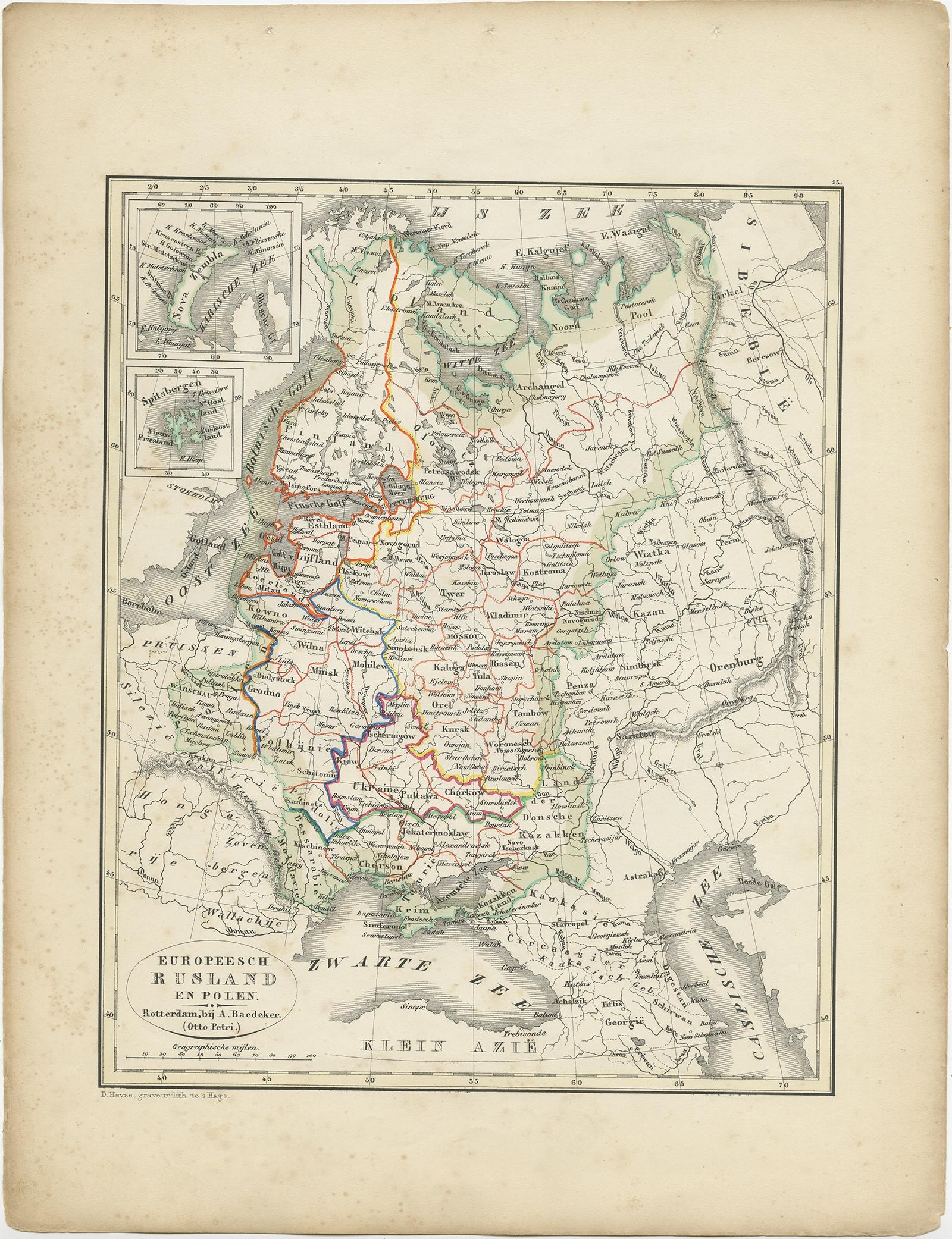 Description: Antique map titled 'Europeesch Rusland en Polen'. 

Map of Russia in Europe and Poland. This map originates from 'School-Atlas van alle deelen der Aarde' by Otto Petri. 

Artists and Engravers: Published by A. Baedeker (Otto Petri).