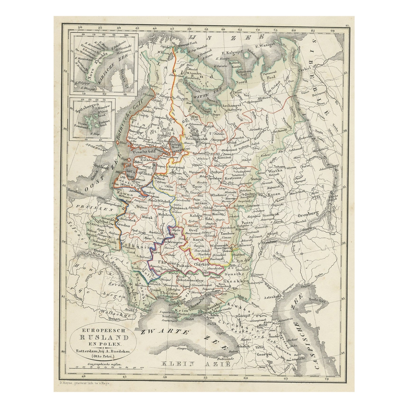 Carte ancienne de la Russie en Europe et en Pologne provenant d'un Atlas néerlandais ancien, 1852