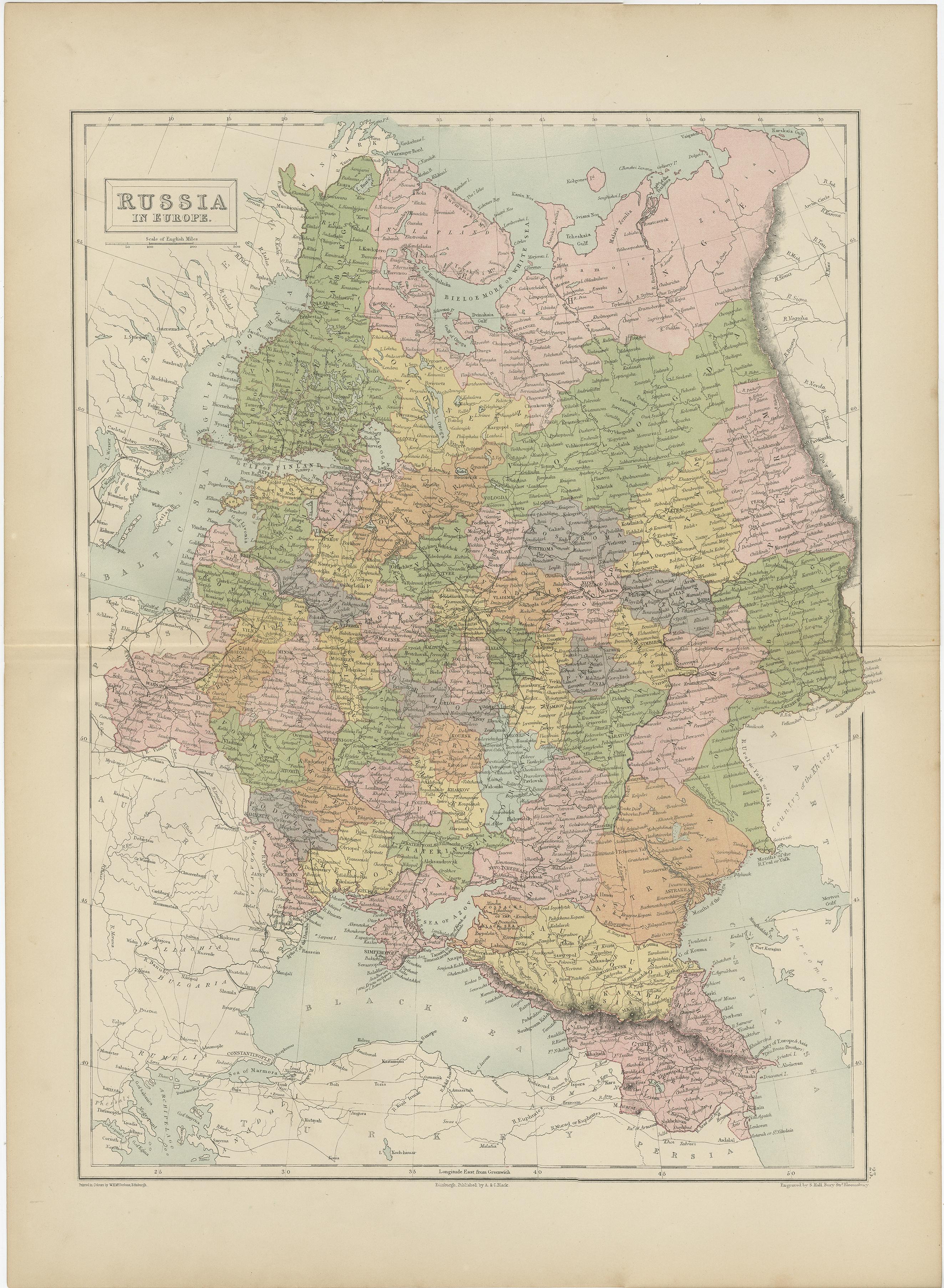 Antike Karte von Russland in Europa von A & C, Schwarz, 1870 im Zustand „Gut“ im Angebot in Langweer, NL
