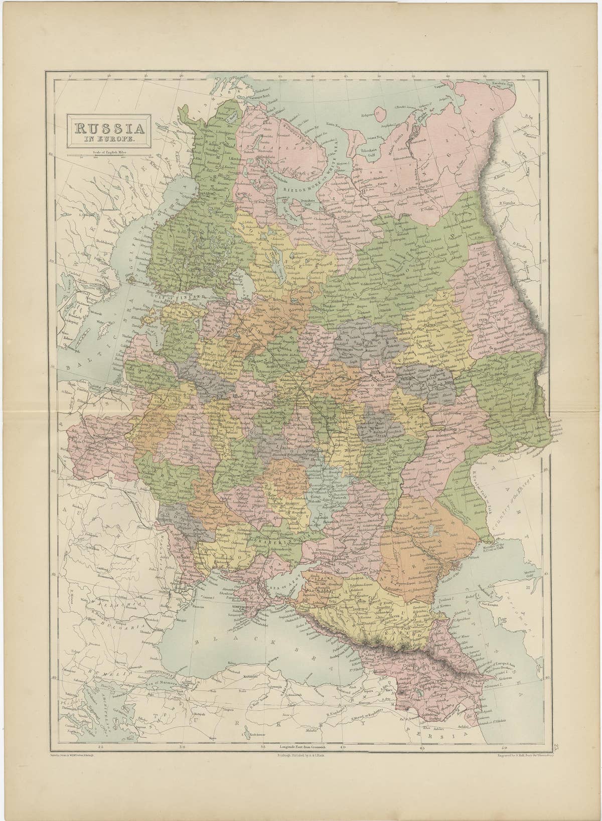 Antique Map of Russia in Europe by A & C, Black, 1870