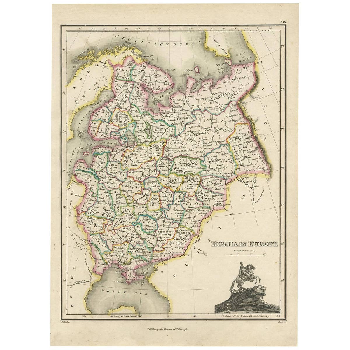 Antique Map of Russia in Europe by J. Thomson, Engraved Detail, 1819