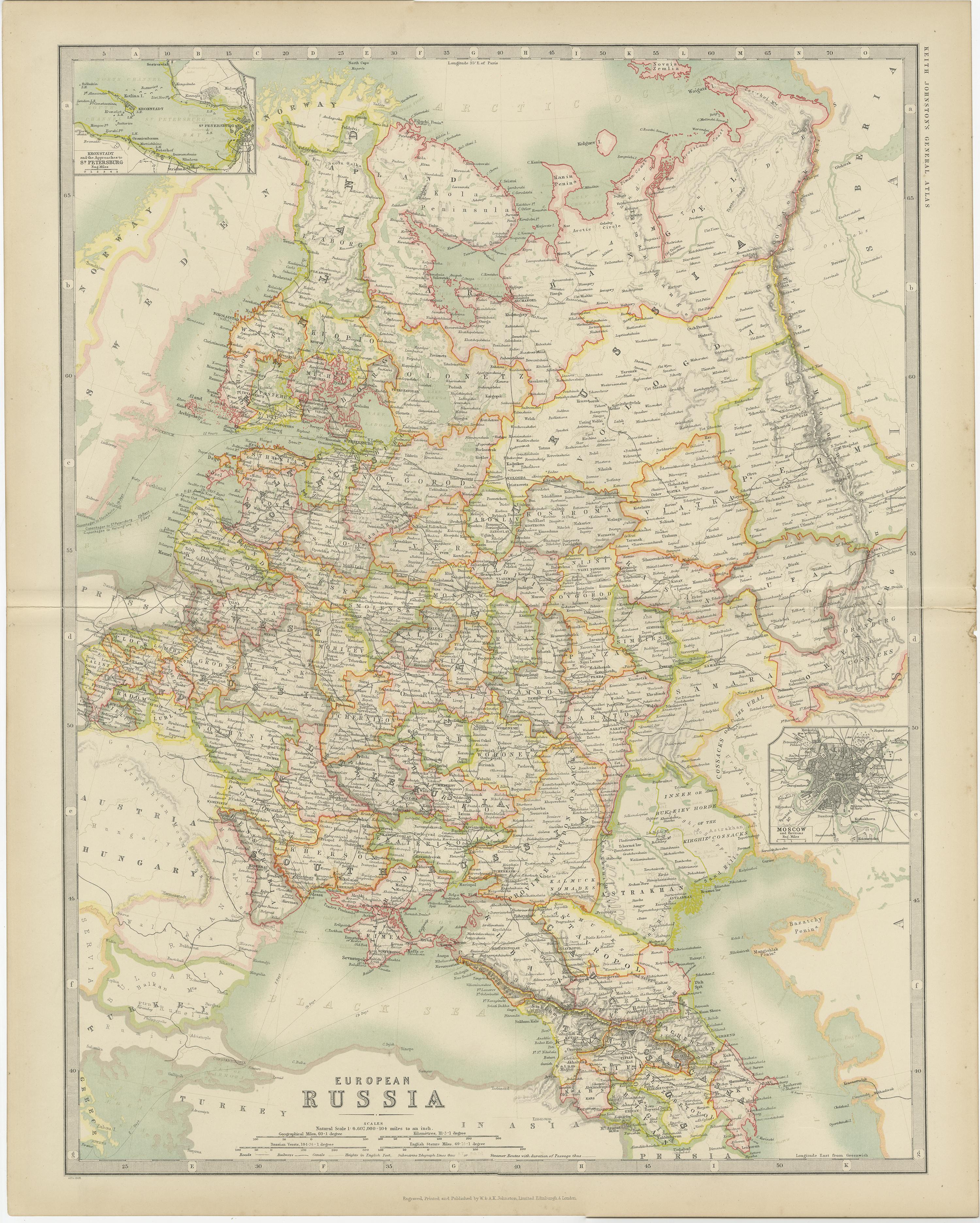 Antike Karte mit dem Titel 'Europäisches Russland'. Original antike Karte von Russland in Europa. Mit beigefügten Karten von St. Petersburg und Moskau. Diese Karte stammt aus dem 