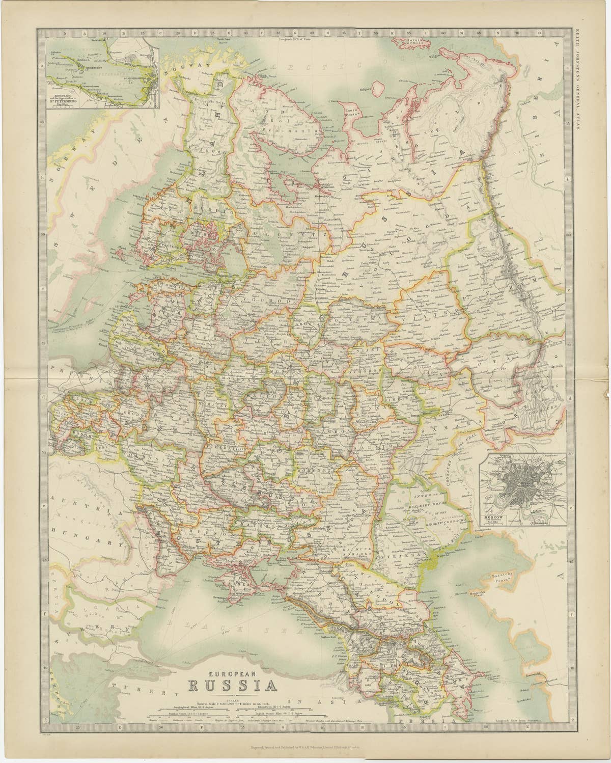 Antique Map of Russia in Europe by Johnston (1909)