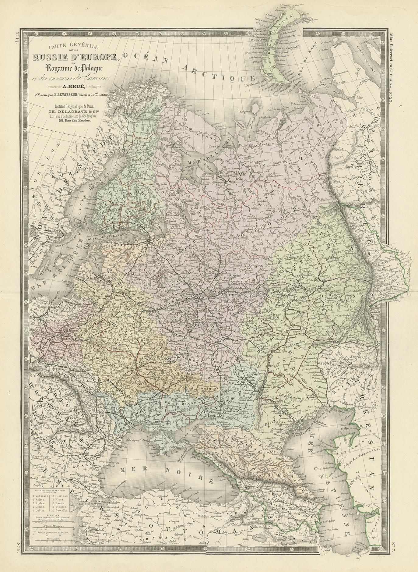 Antike Karte mit dem Titel 'Carte générale de la Russie d'Europe (..)'. Große Karte von Russland in Europa. Diese Karte stammt aus dem 