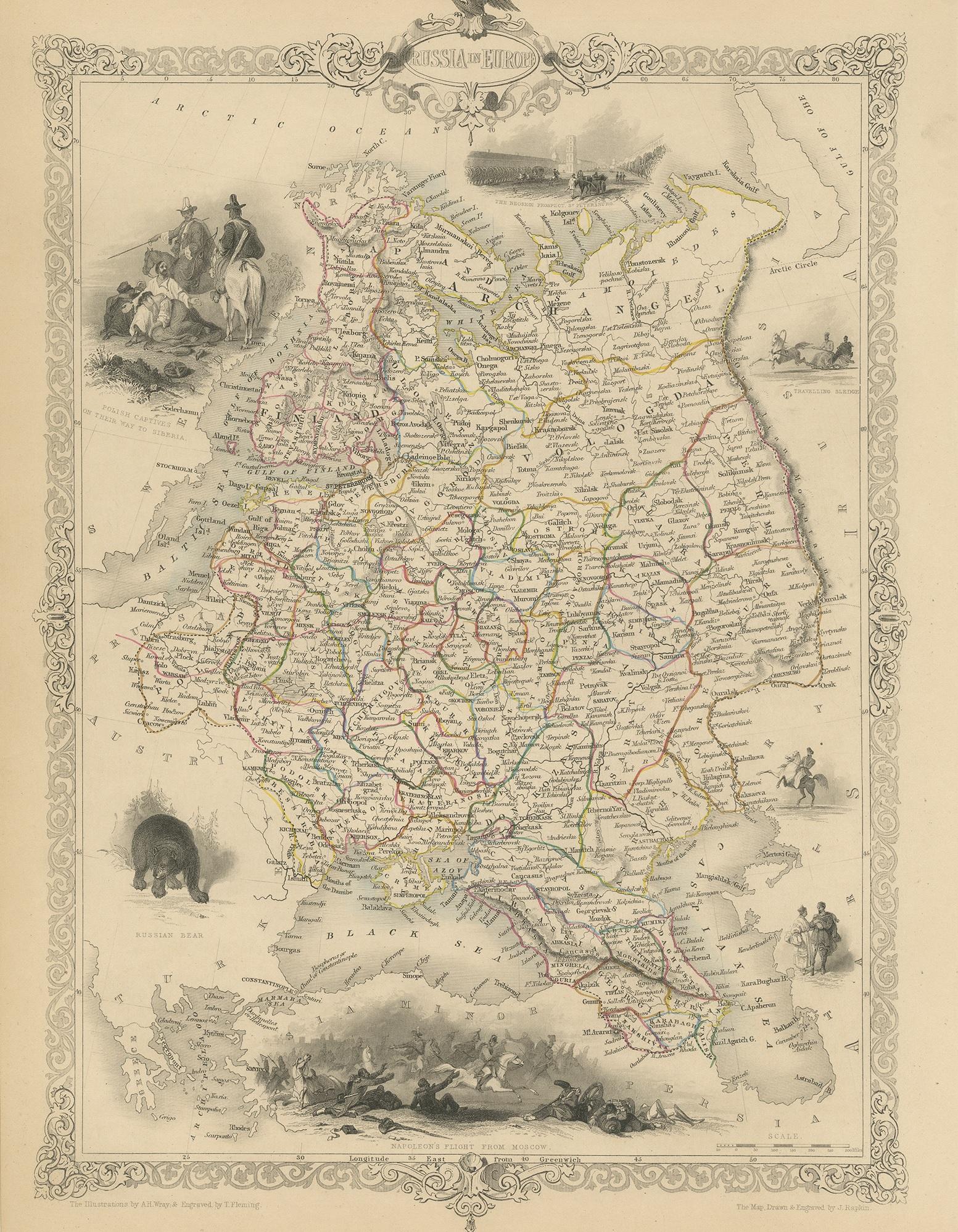 Antique map titled 'Russia in Europe'. Map of European Russia. Showing vignettes of the Neoskoi Prospect, St. Petersburg, Polish Captives on their way to Siberia, a Russian Bear, Russian Horseman, Travelling Sledge, costumed Russians, and Napoleon's