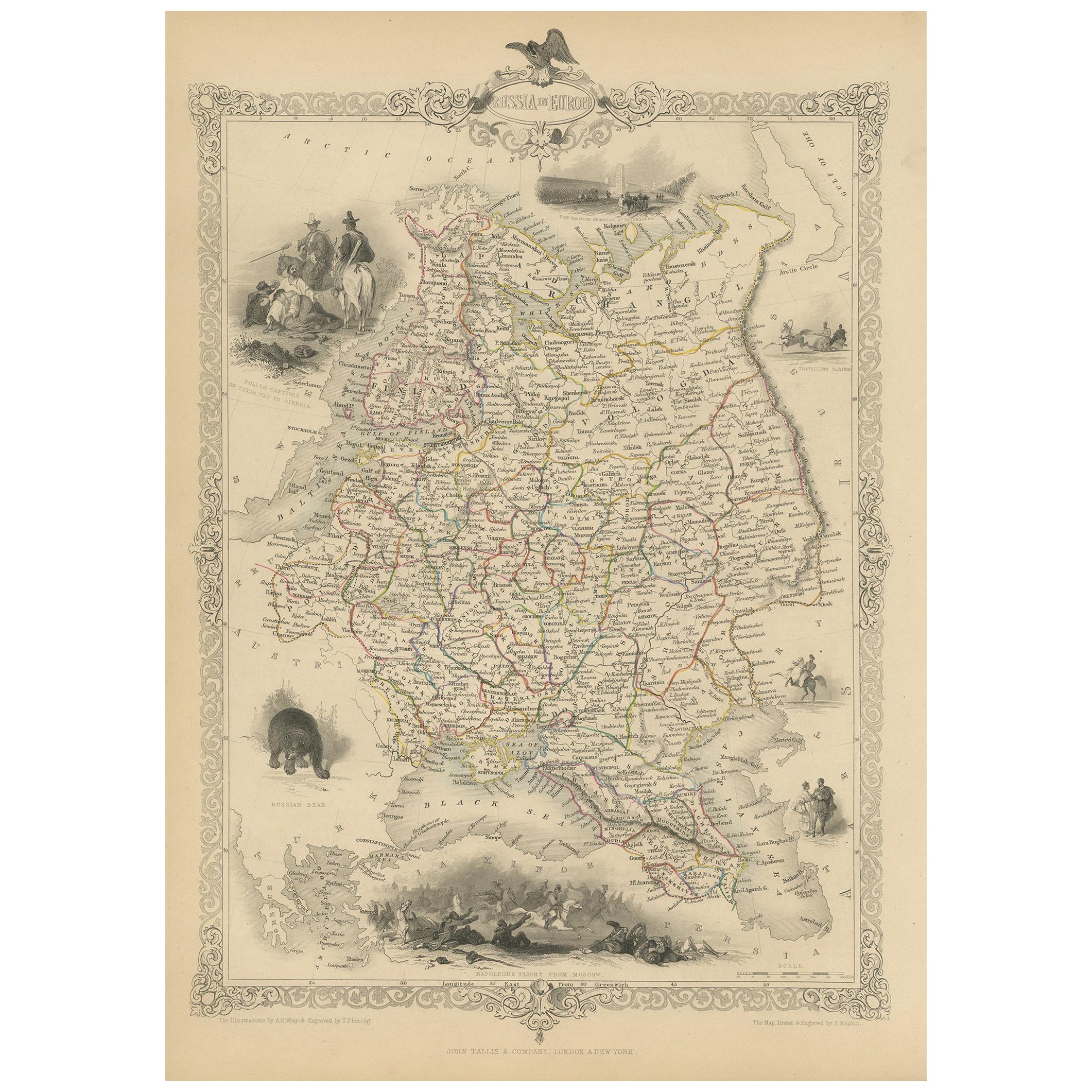 Antique Map of Russia in Europe by Tallis, '1851'
