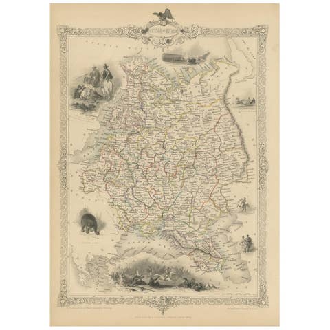 Antique Map of Russia in Europe by John Tallis, Paper Print, 1851