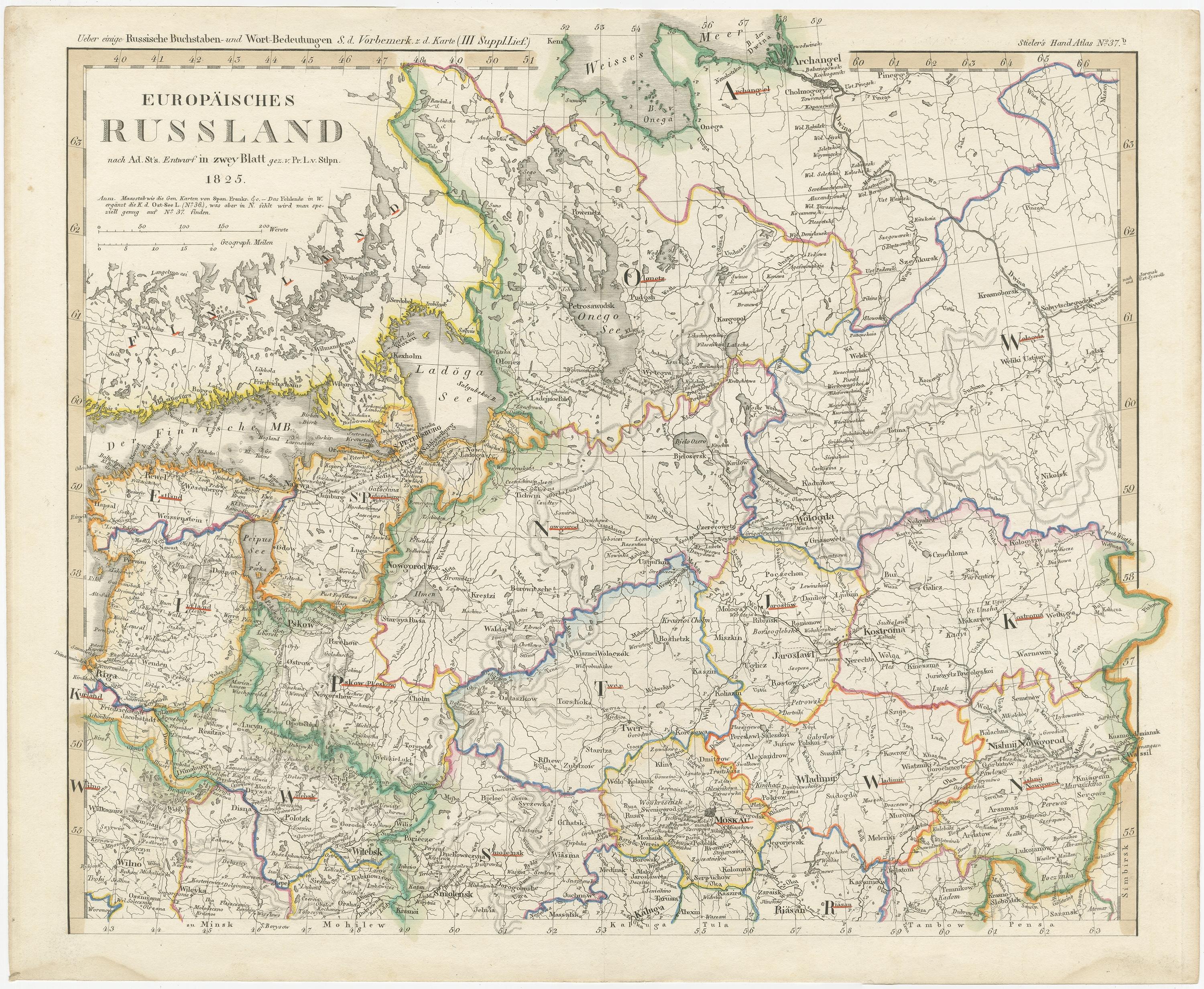 Beschreibung: Antike Karte mit dem Titel 'Europäisches Russland'. 

Zwei Einzelblätter, zusammengefügt stellen sie Russland in Europa dar. Diese Karten stammen aus 'Stielers Handatlas'. Veröffentlicht um 1825. 

Artisten und Graveure: Stielers