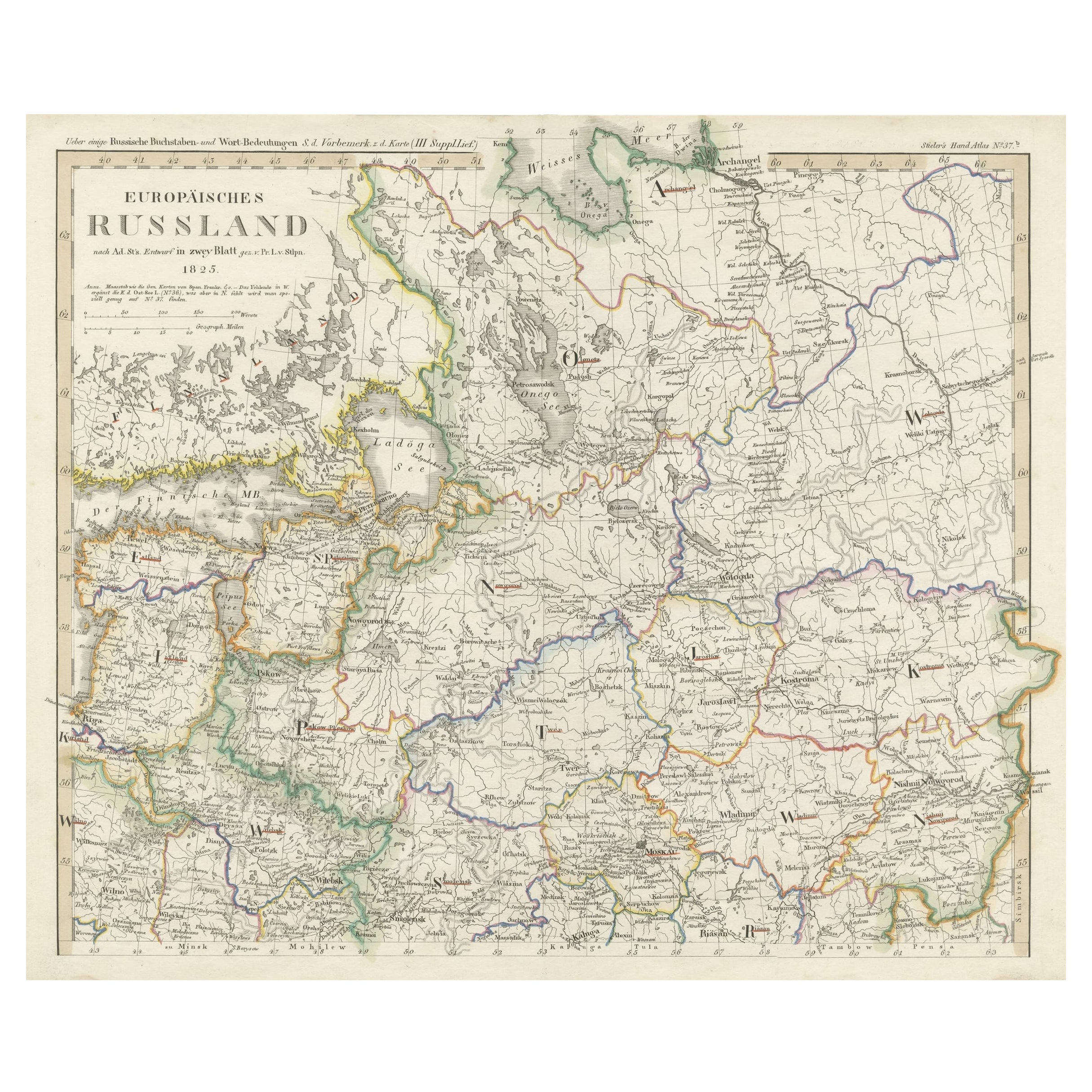 Mapa antiguo de Rusia en Europa en dos hojas de un antiguo atlas alemán, ca.1825