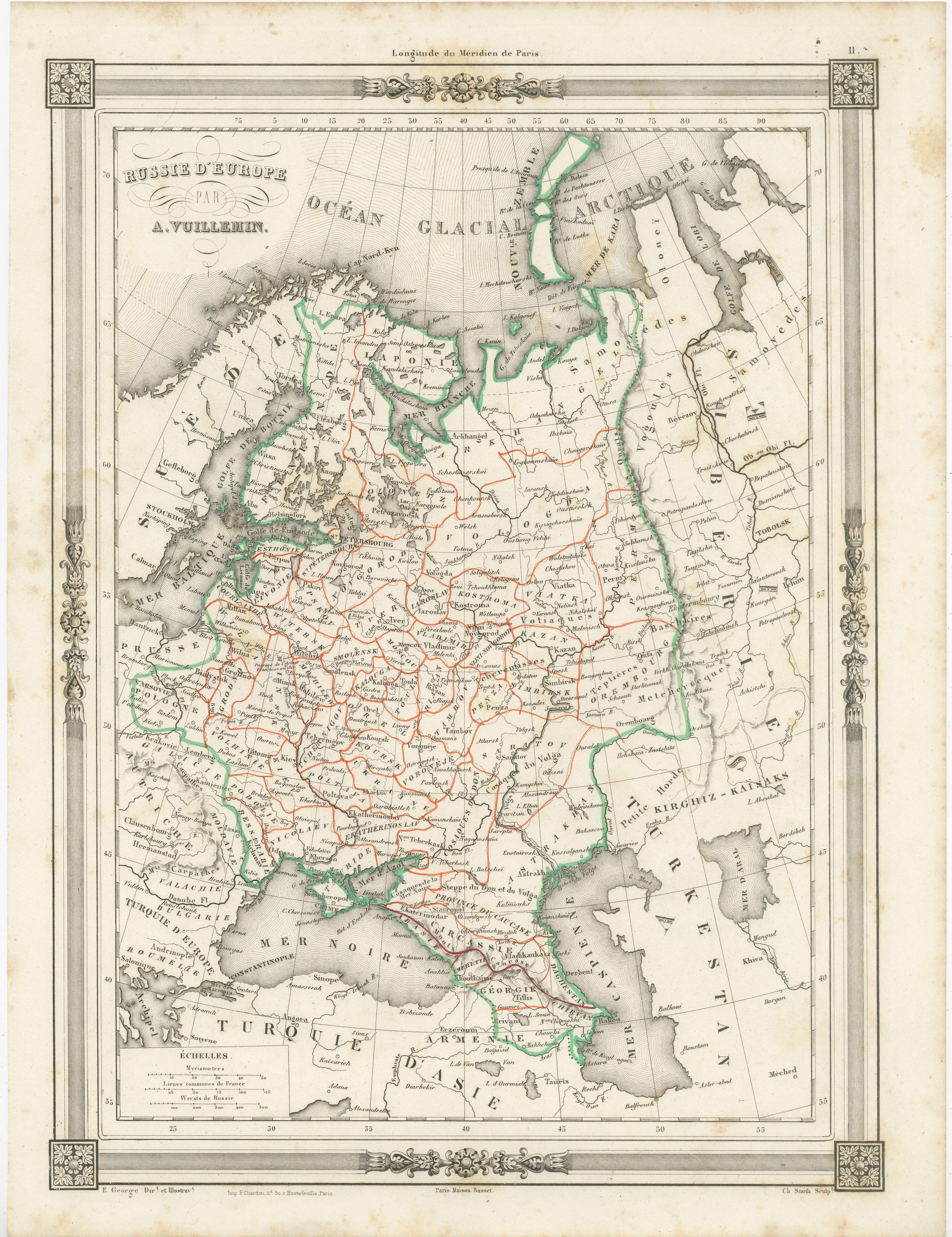 Antike Karte mit dem Titel 'Russie d'Europe'. Attraktive Karte von Russland in Europa, deckt die europäischen Teile Russlands vom Eismeer südlich bis zum Schwarzen Meer und dem Kaspischen Meer ab. Diese Karte stammt aus der 1852 von Maison Basset