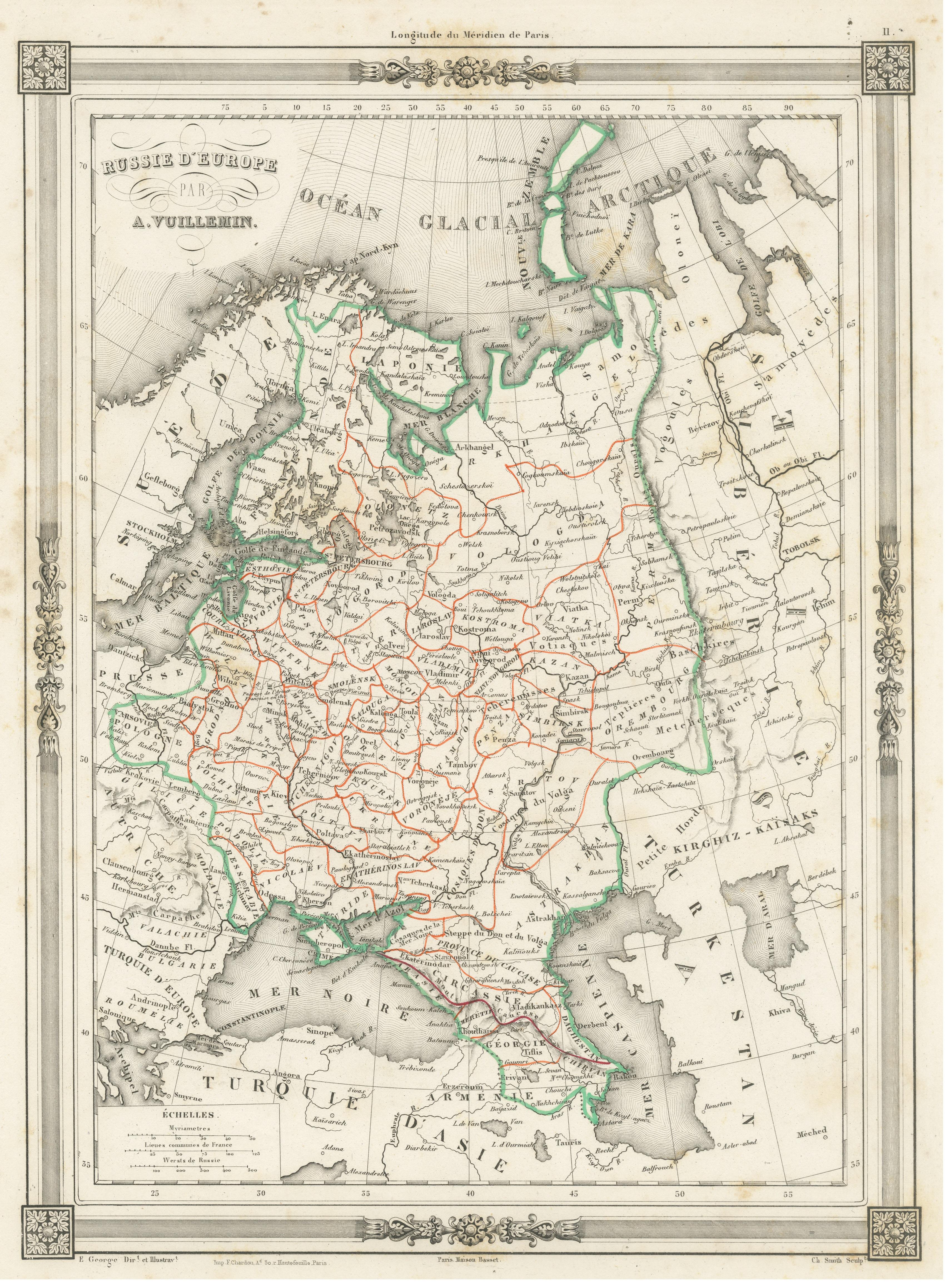 Antike Karte Russlands in Europa, mit Rahmenbordüre im Zustand „Relativ gut“ im Angebot in Langweer, NL