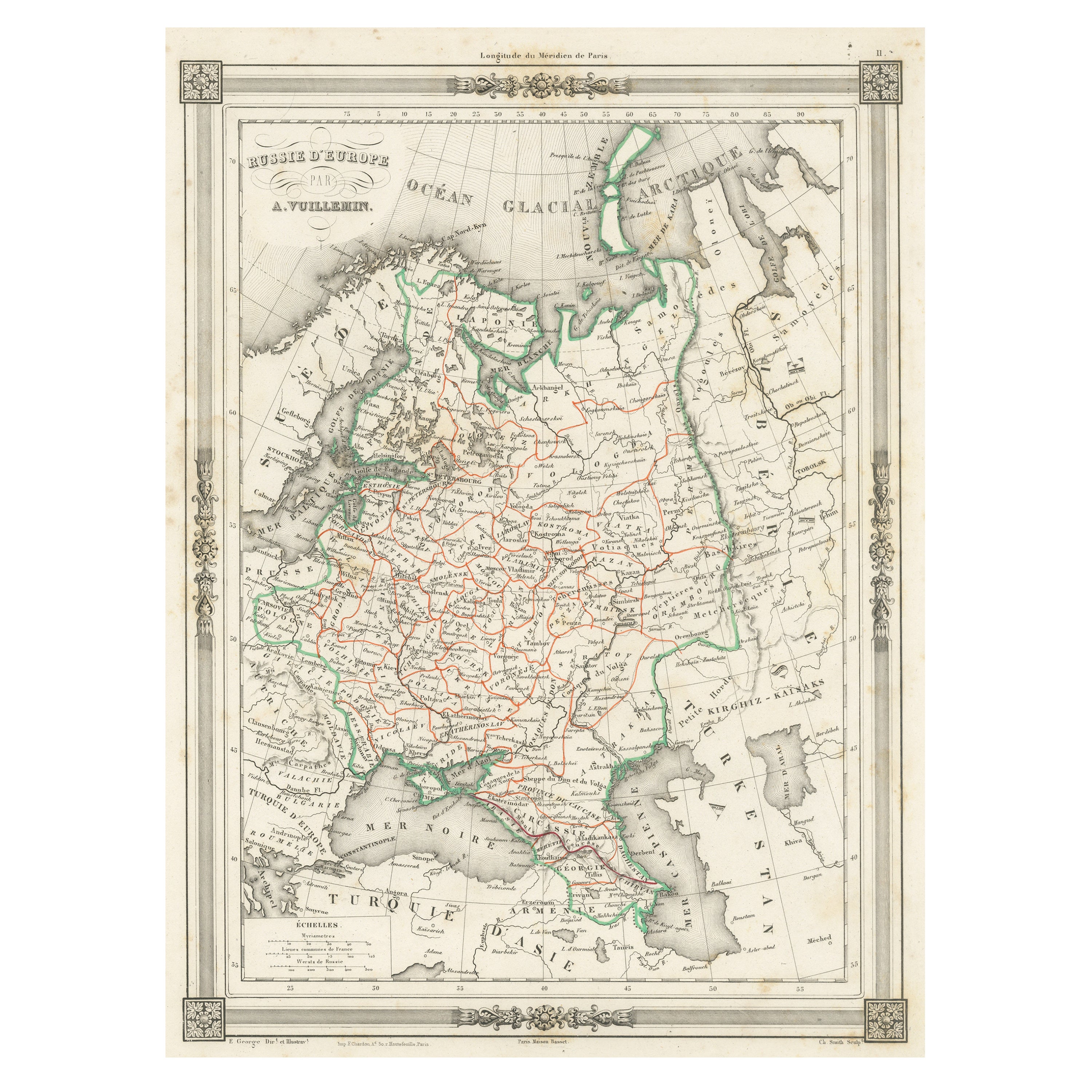Mapa antiguo de Rusia en Europa, con borde estilo marco en venta