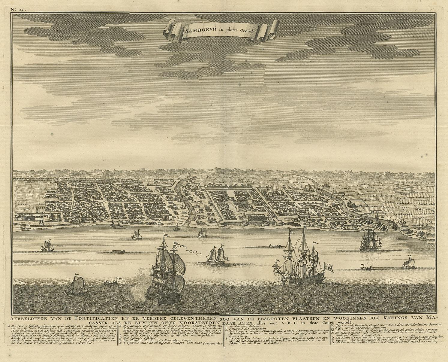 Antique map titled 'Samboepo in 't Verschiet'. Decorative panoramic view of the town of Samboupo on the island of Celebes (Sulawesi) in today's Indonesia. Dutch (V.O.C.) sailing ships and various local craft fill the foreground. The city with great