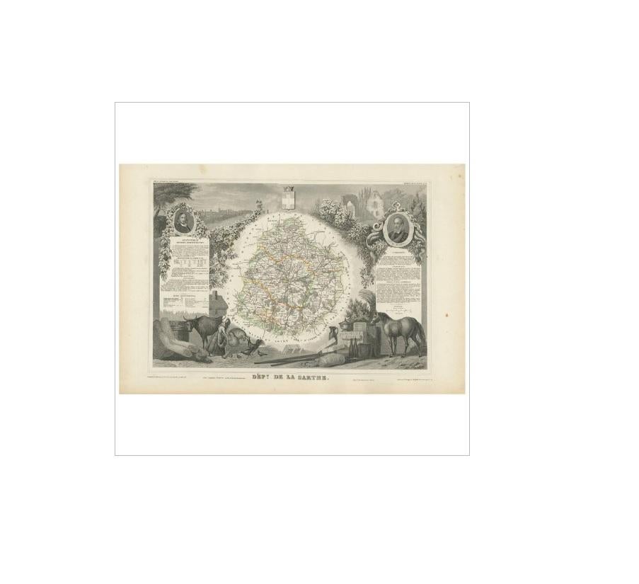 Carte ancienne de la Sarthe « France » par V. Levasseur, 1854 Bon état - En vente à Langweer, NL