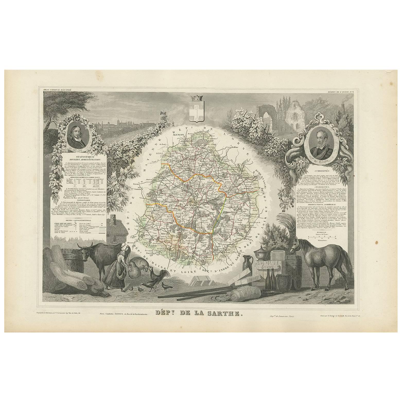 Antique Map of Sarthe 'France' by V. Levasseur, 1854 For Sale