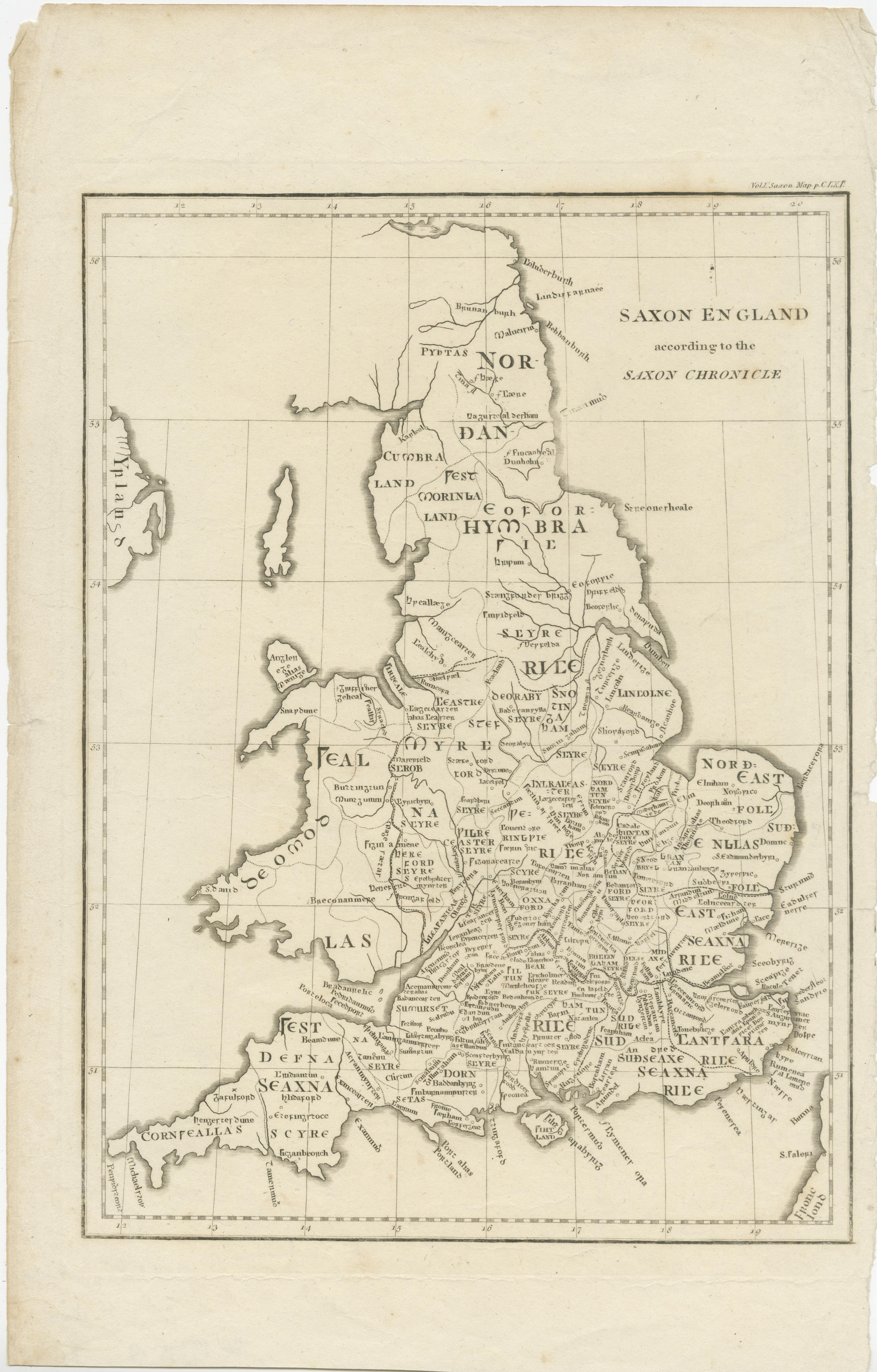 Antique map titled 'Saxon England According to the Saxon Chronicle'. Map of Saxon England based upon descriptions in the Anglo-Saxon Chronicle, a collection of annals in Old English chronicling the history of the Anglo-Saxons. 

This map