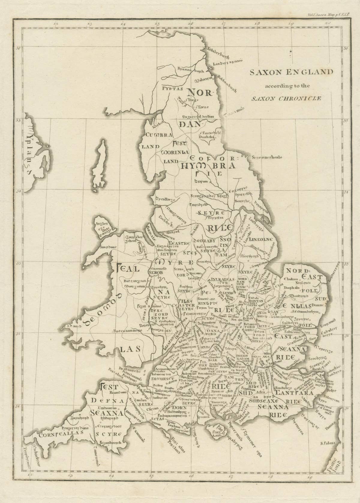 Antique Map of Saxon England according to the Anglo-Saxon Chronicle