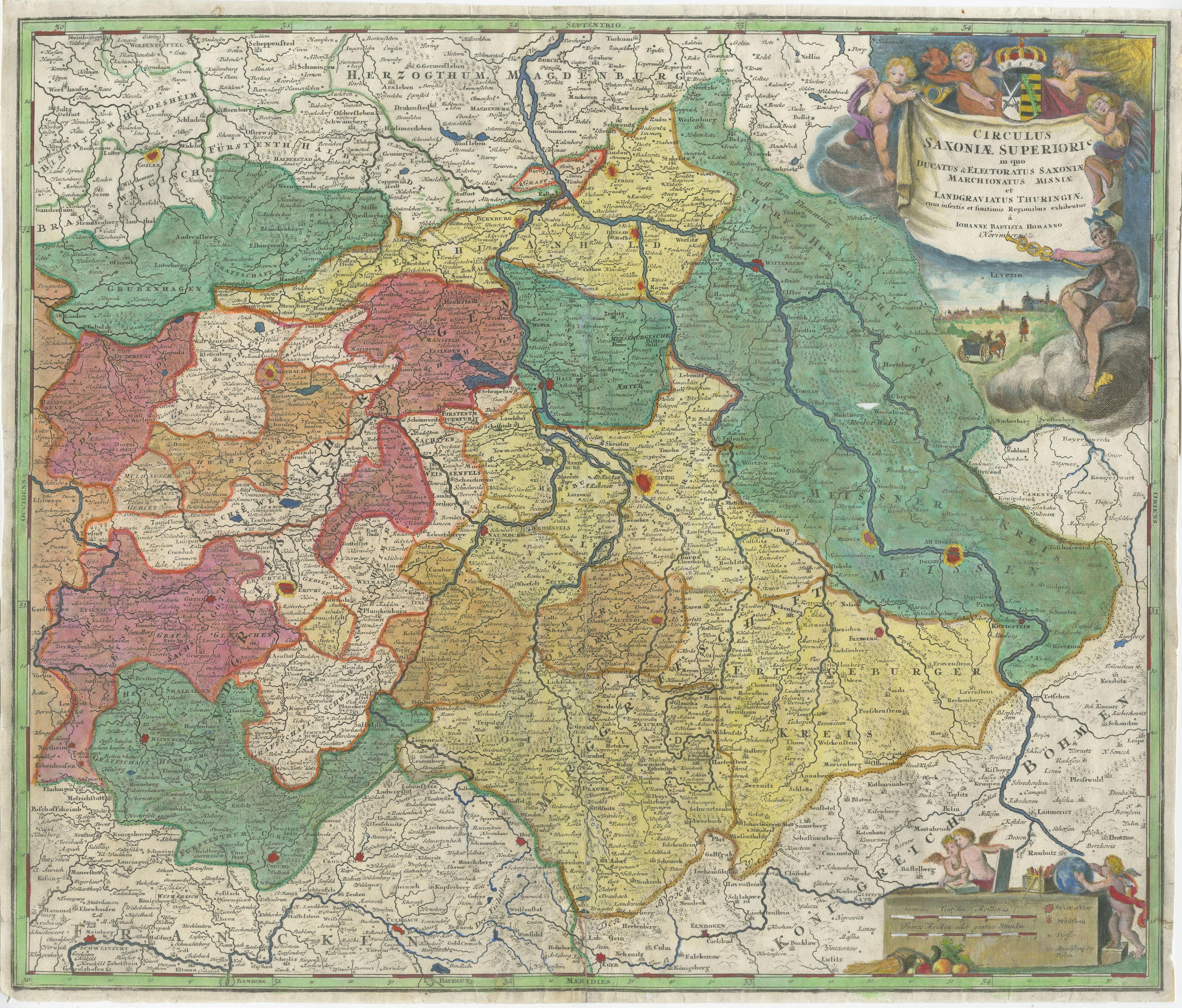 Antike Original-Landkarte mit dem Titel 'Circulus Saxoniae Superioris'. Original antike Karte von Sachsen, Deutschland. Die Städte Leipzig, Freiburg und viele andere sind in Gold hervorgehoben. Diese Karte stammt aus dem 