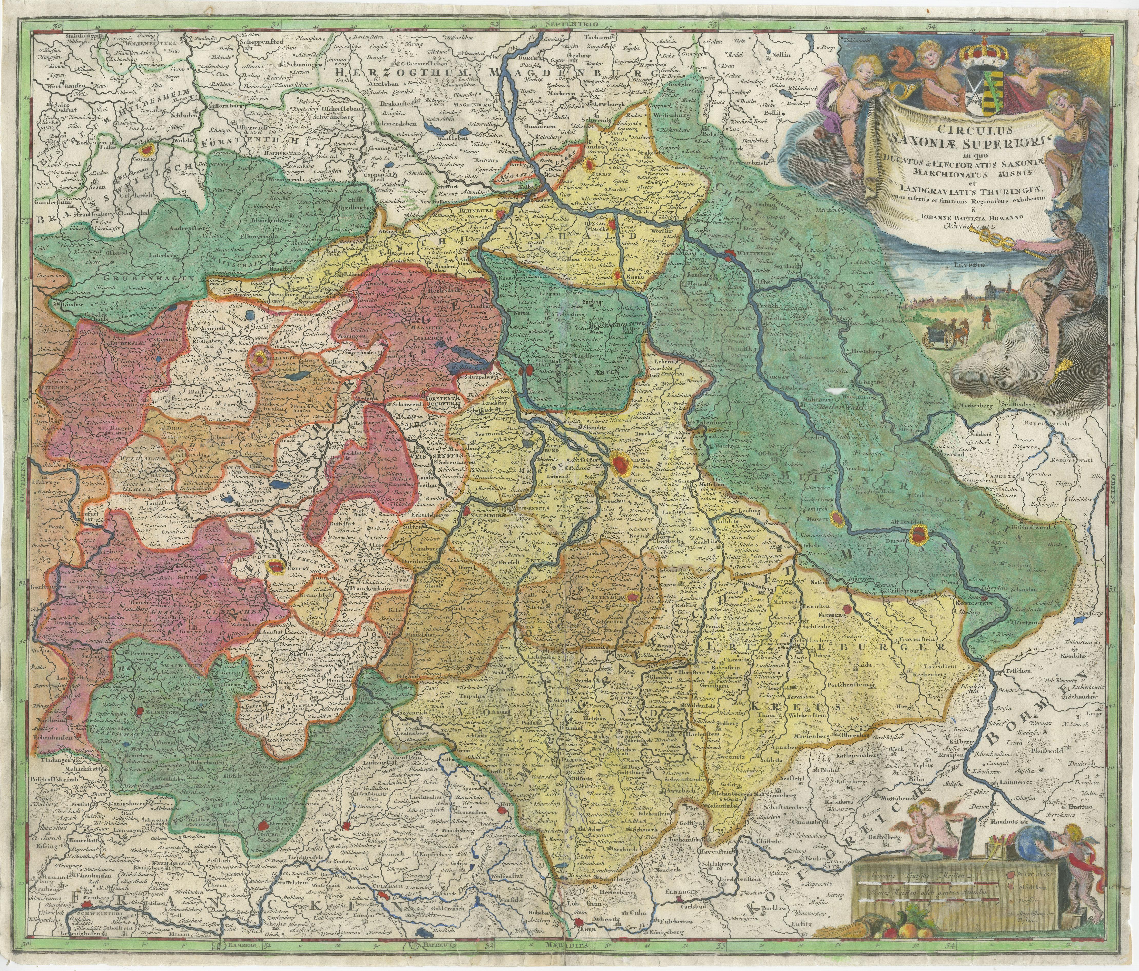 Original antique map titled 'Circulus Saxoniae Superioris'. Original antique map of Saxony, Germany. The cities of Leipzig, Freiburg and many others are highlighted in gold. This map originates from 'Atlas Novus Terrarum Orbis Imperia Regna et