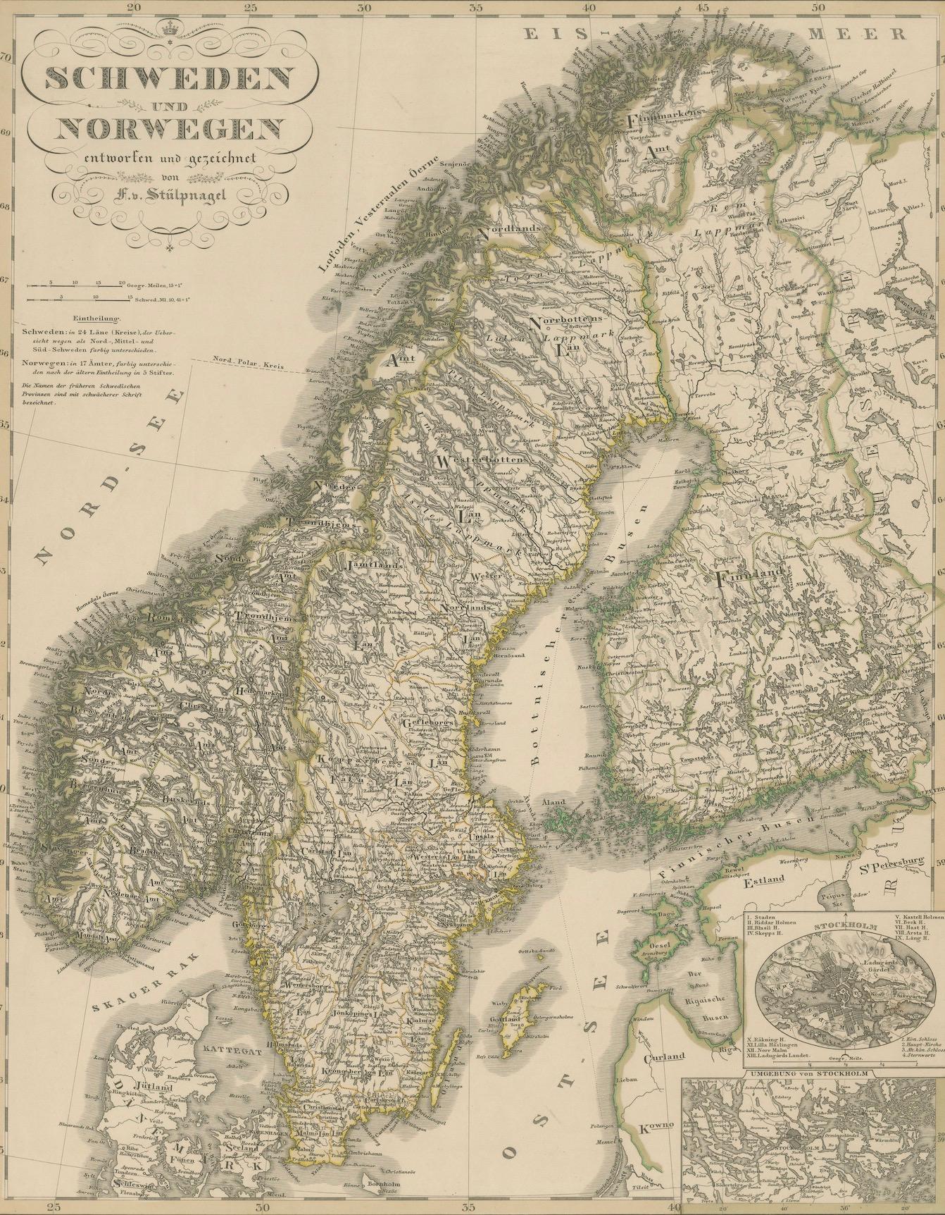 Mapa antiguo de Escandinavia 1857 - Suecia y Noruega en detalle en venta 3
