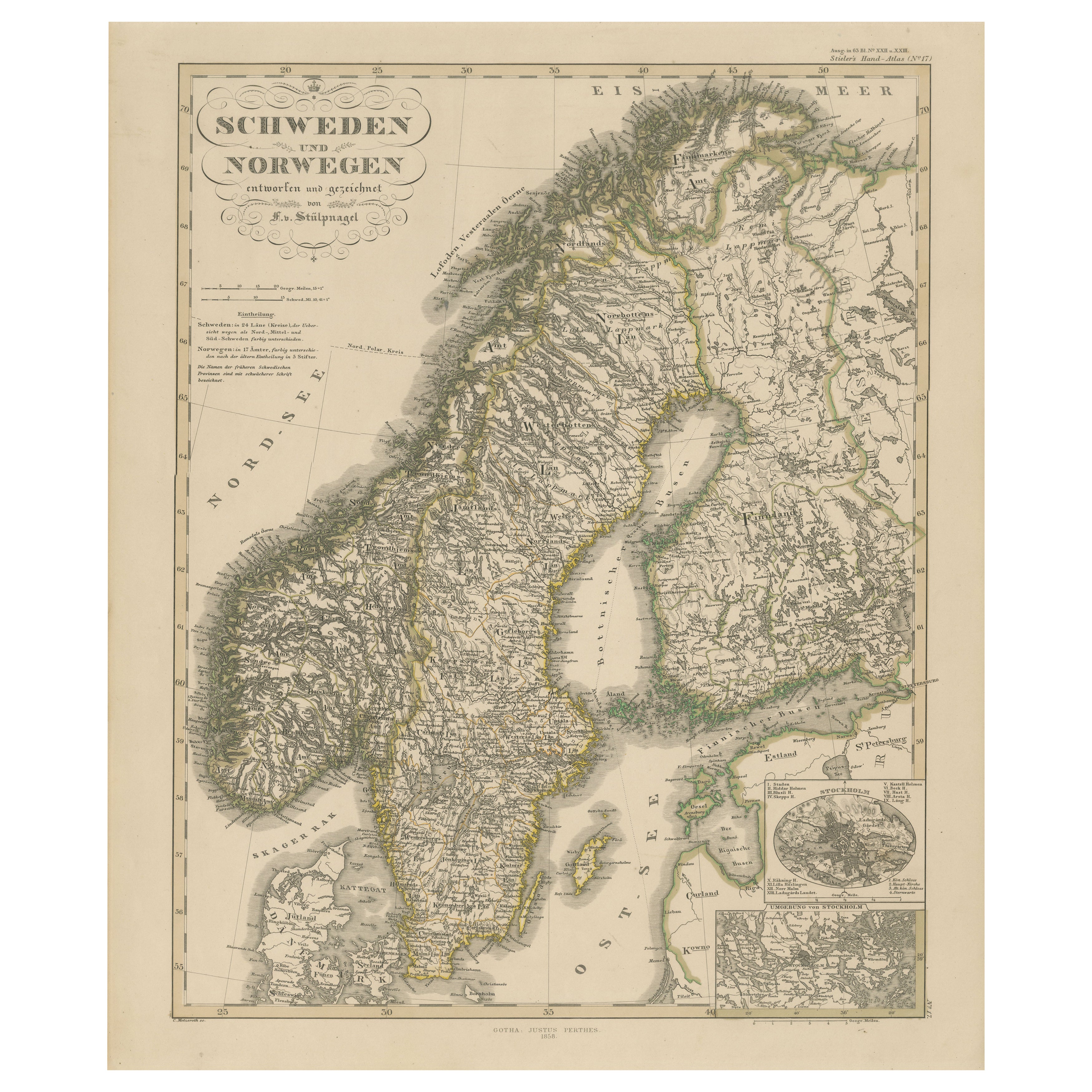 Mapa antiguo de Escandinavia 1857 - Suecia y Noruega en detalle en venta