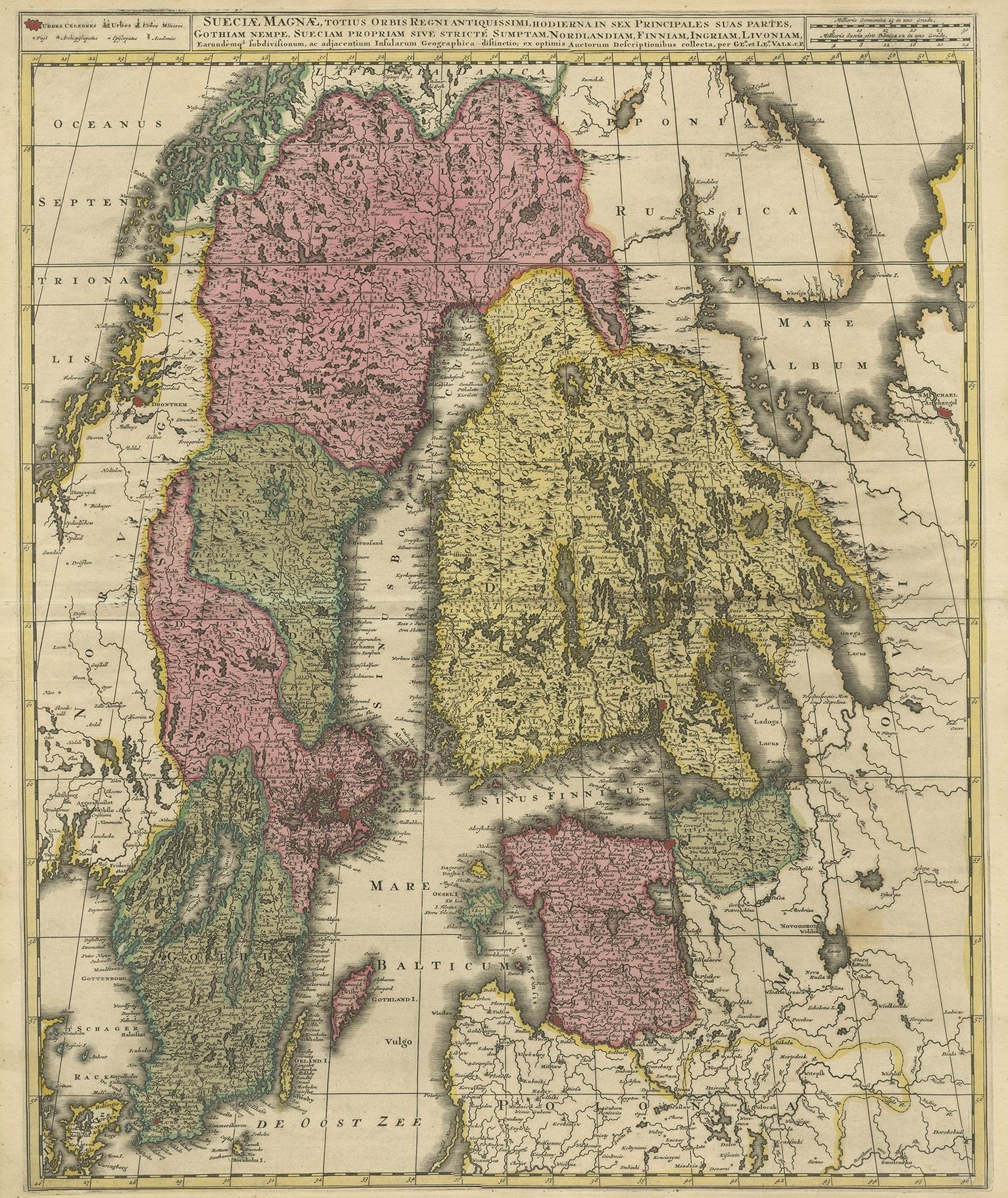 Antique map titled 'Sueciae Magnae, totius orbis regni antiquissimi (..)'. Map of Scandinavia and the Baltic region. It shows Norway, Sweden, Finland, Estonia and Latvia. Published by G. and L. Valk.