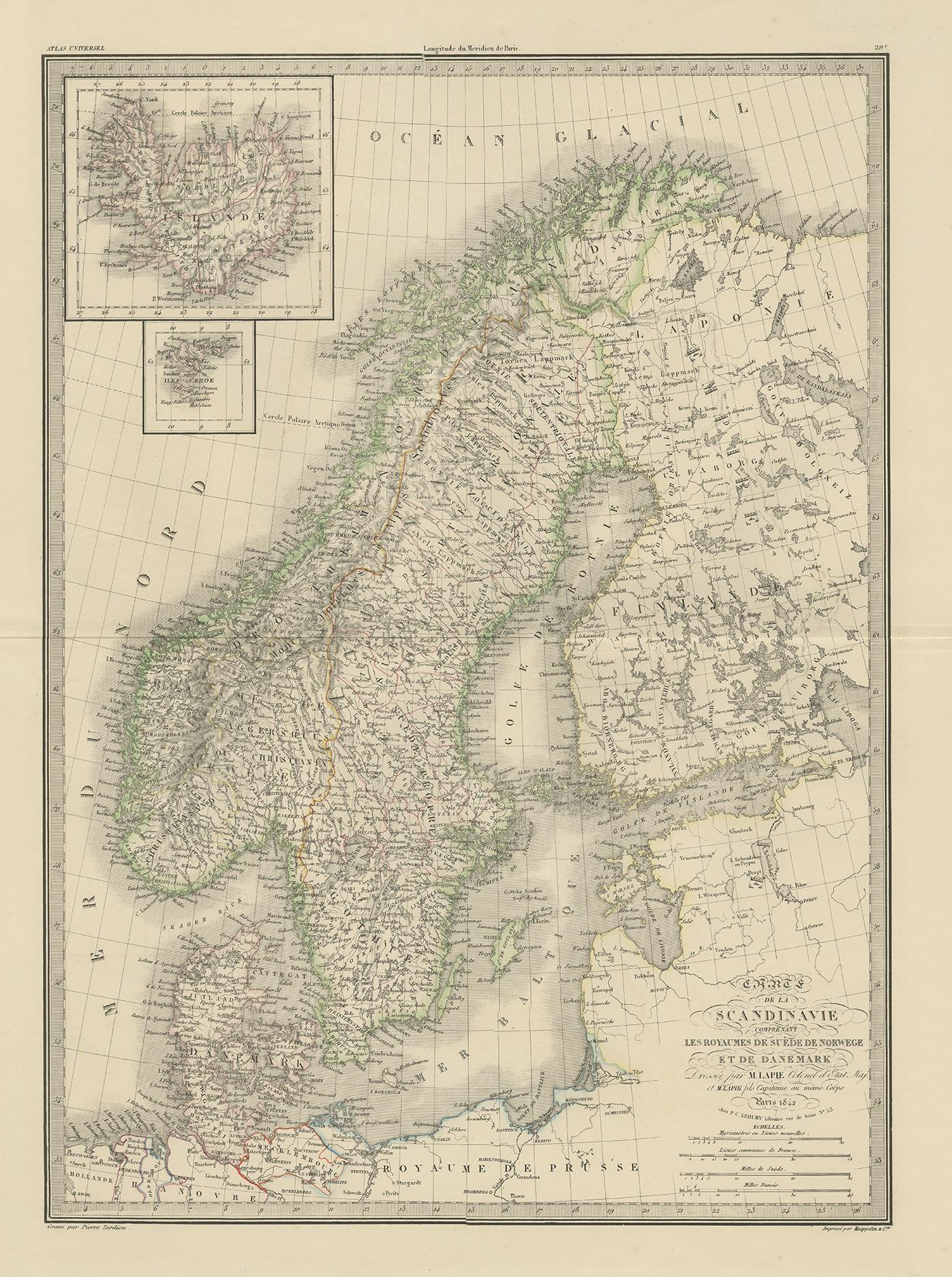 Antike Karte mit dem Titel 'Carte de la Scandinavie comprenant les Royaumes de Suède de Norwege et de Danemark'. Karte von Skandinavien mit Schweden, Norwegen und Dänemark. Mit beigefügten Karten von Island und den Färöer Inseln. Diese Karte stammt