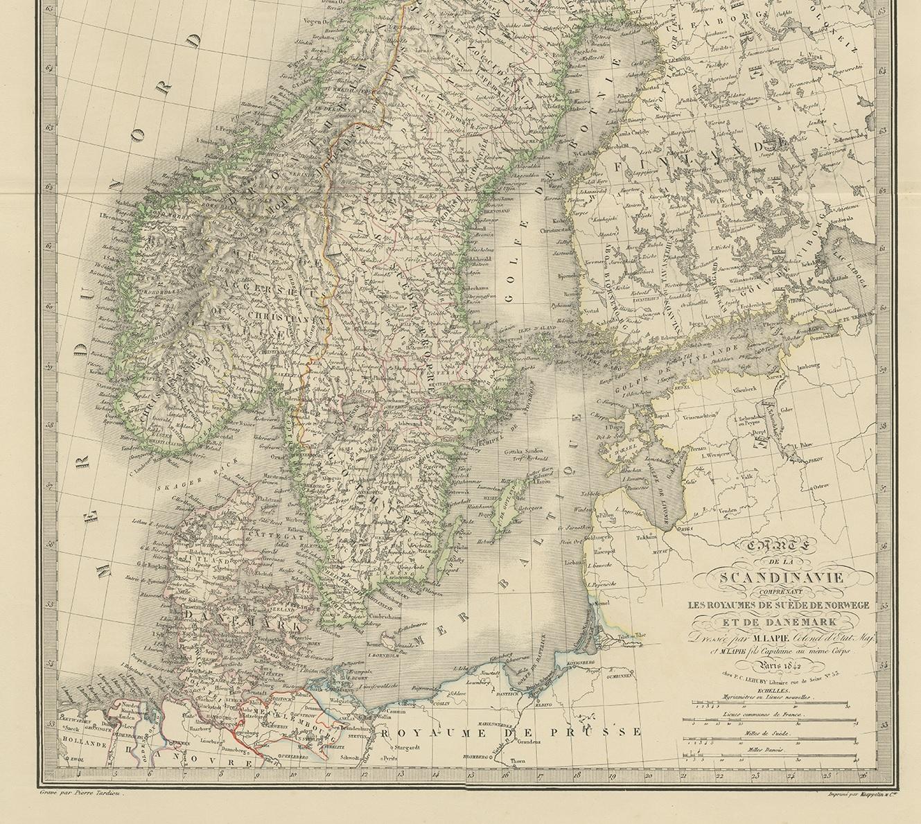Antique Map of Scandinavia by Lapie, 1842 In Good Condition For Sale In Langweer, NL