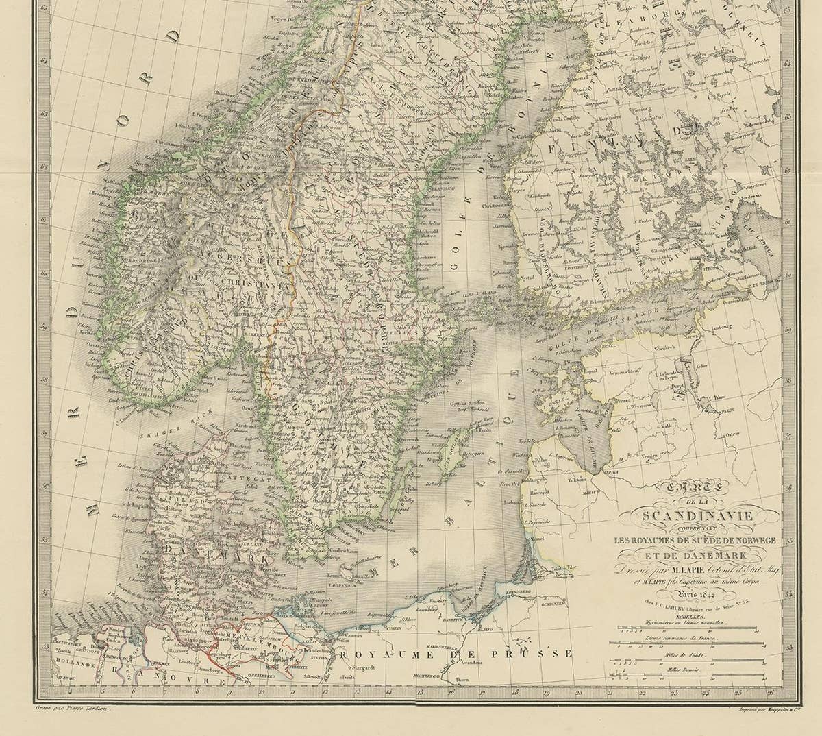 Antique Map of Scandinavia by Lapie, 1842