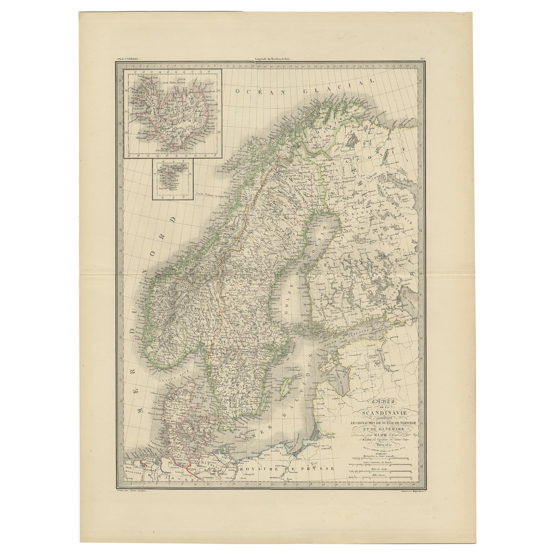 Antique Map of Scandinavia by Lapie, 1842