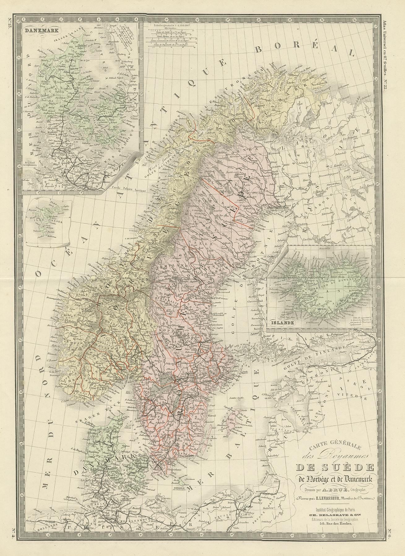 Antique map titled 'Carte des Royaumes de Suède, de Norvège et de Danemark'. Large map of Scandinavia. This map originates from 'Atlas de Géographie Moderne Physique et Politique' by A. Levasseur. Published 1875.